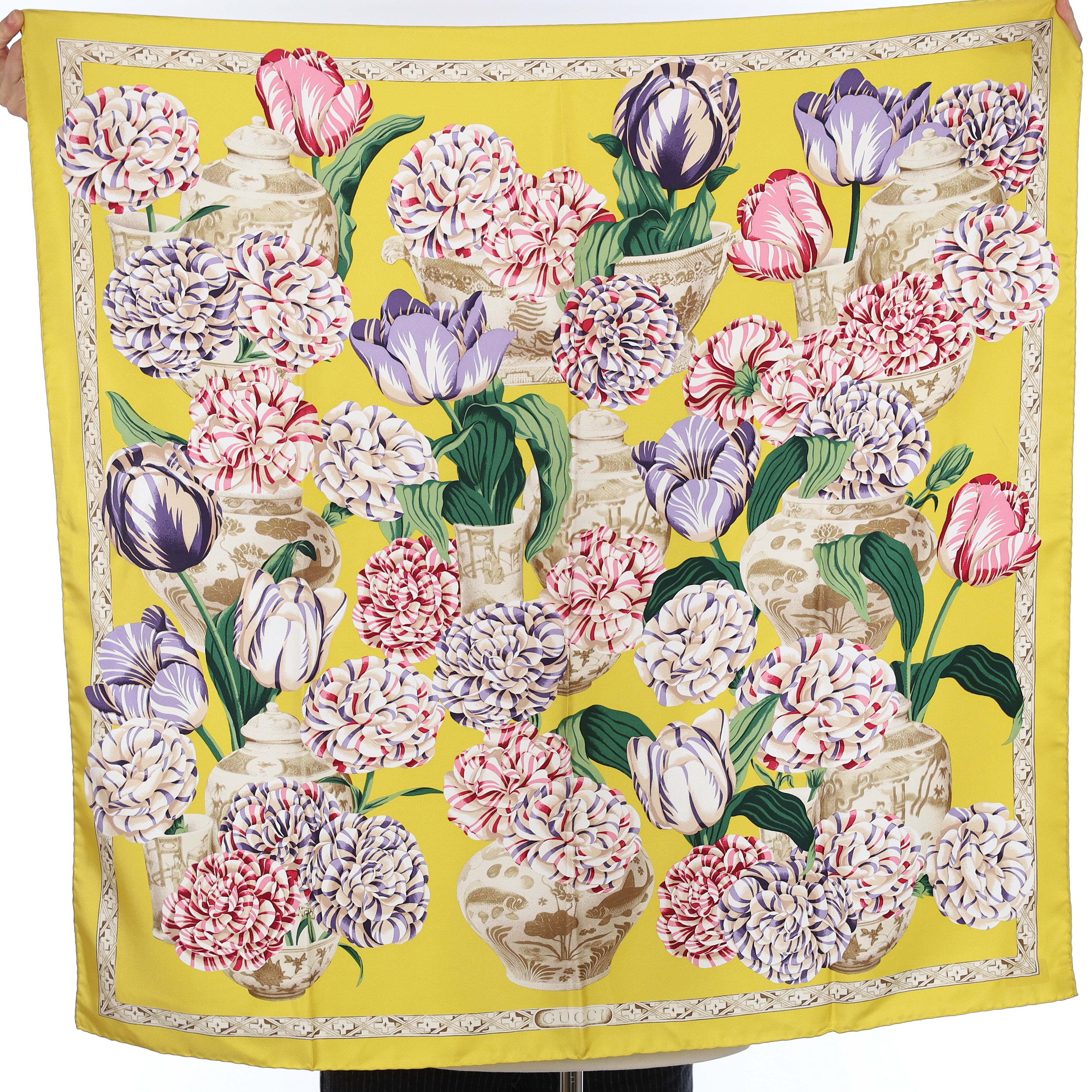 Brand New Gucci Yellow Striped Floral Vintage Silk Scarf