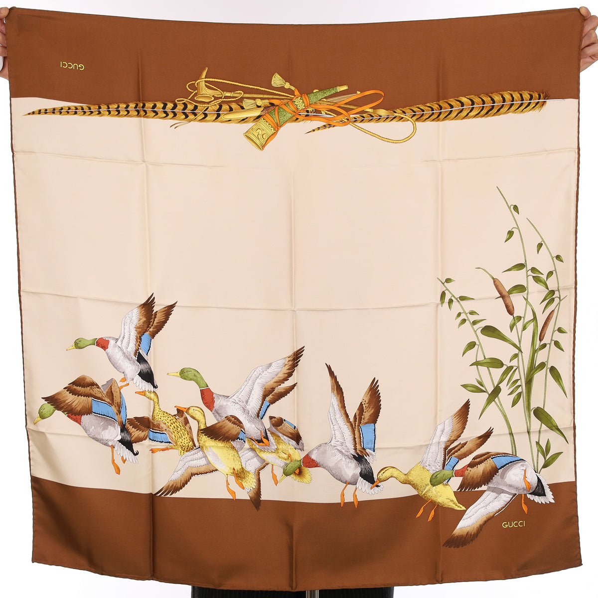Brand New Gucci Brown Duck Vintage Silk Scarf