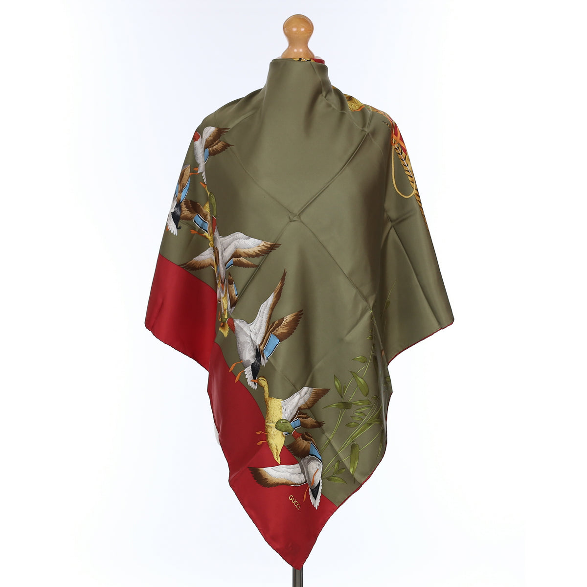 Brand New Gucci Deep Red and Khaki Ducks in Flight Vintage Silk Scarf