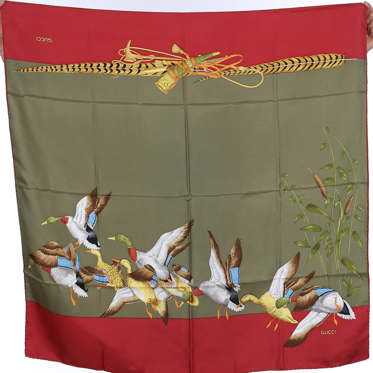 Brand New Gucci Deep Red and Khaki Ducks in Flight Vintage Silk Scarf