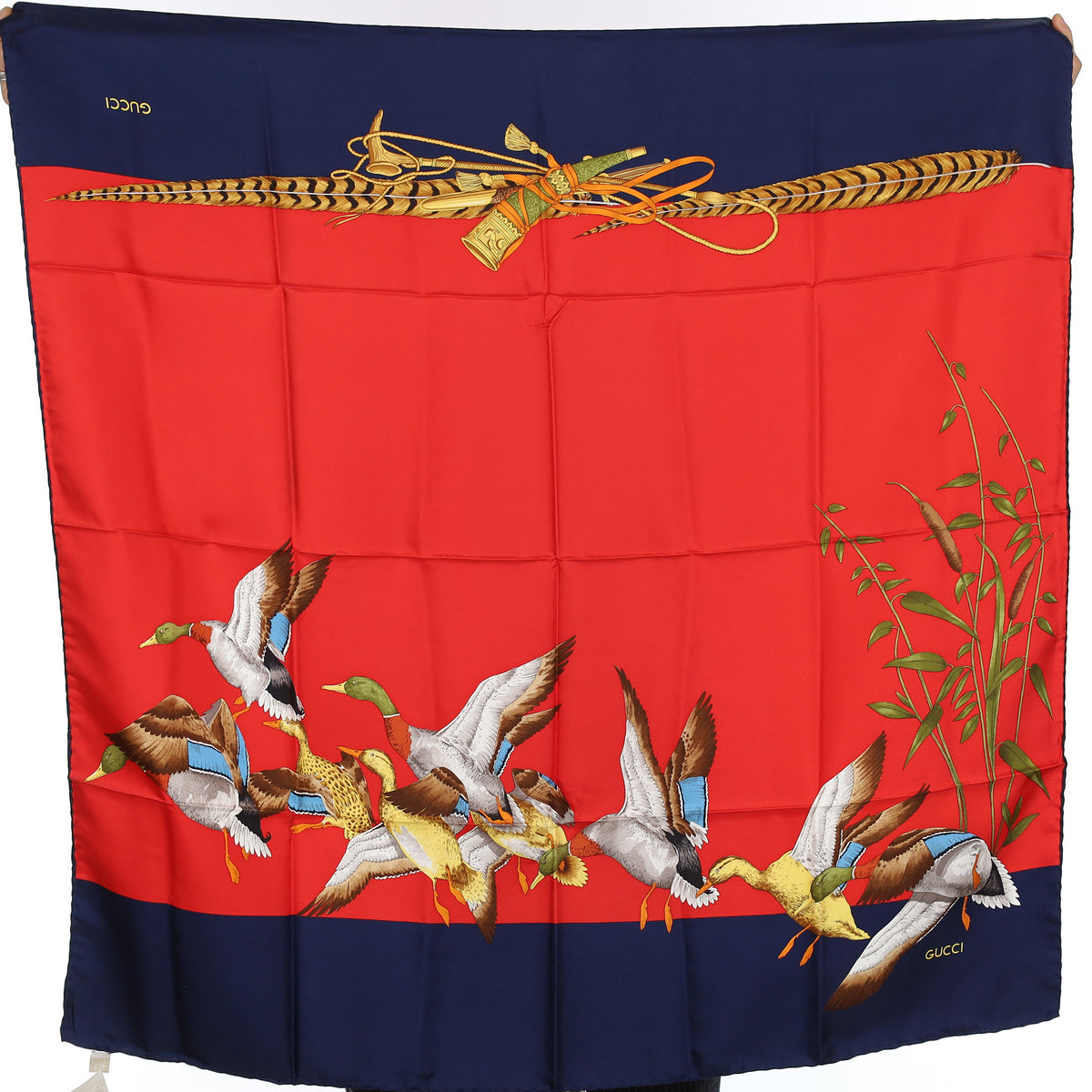 Brand New Gucci Red and Navy Ducks in Flight Vintage Silk Scarf