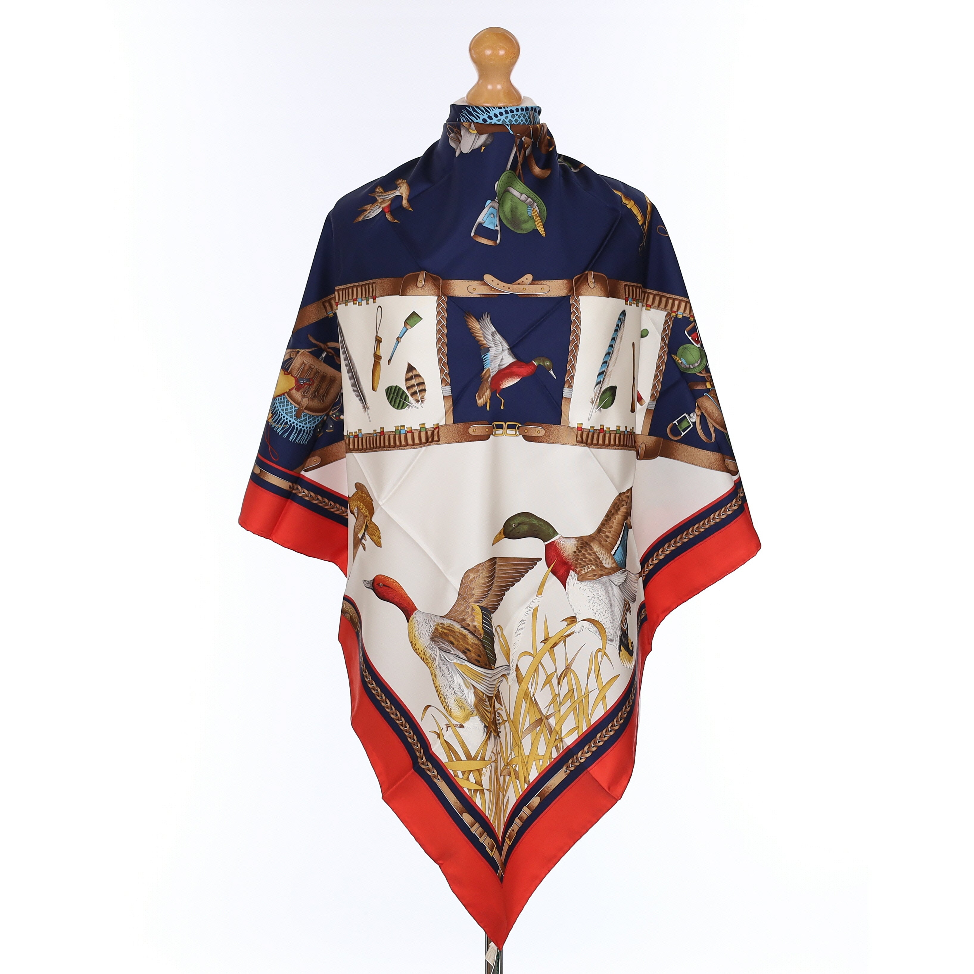 Brand New Gucci Duck Hunt Red and Navy Vintage Silk Scarf