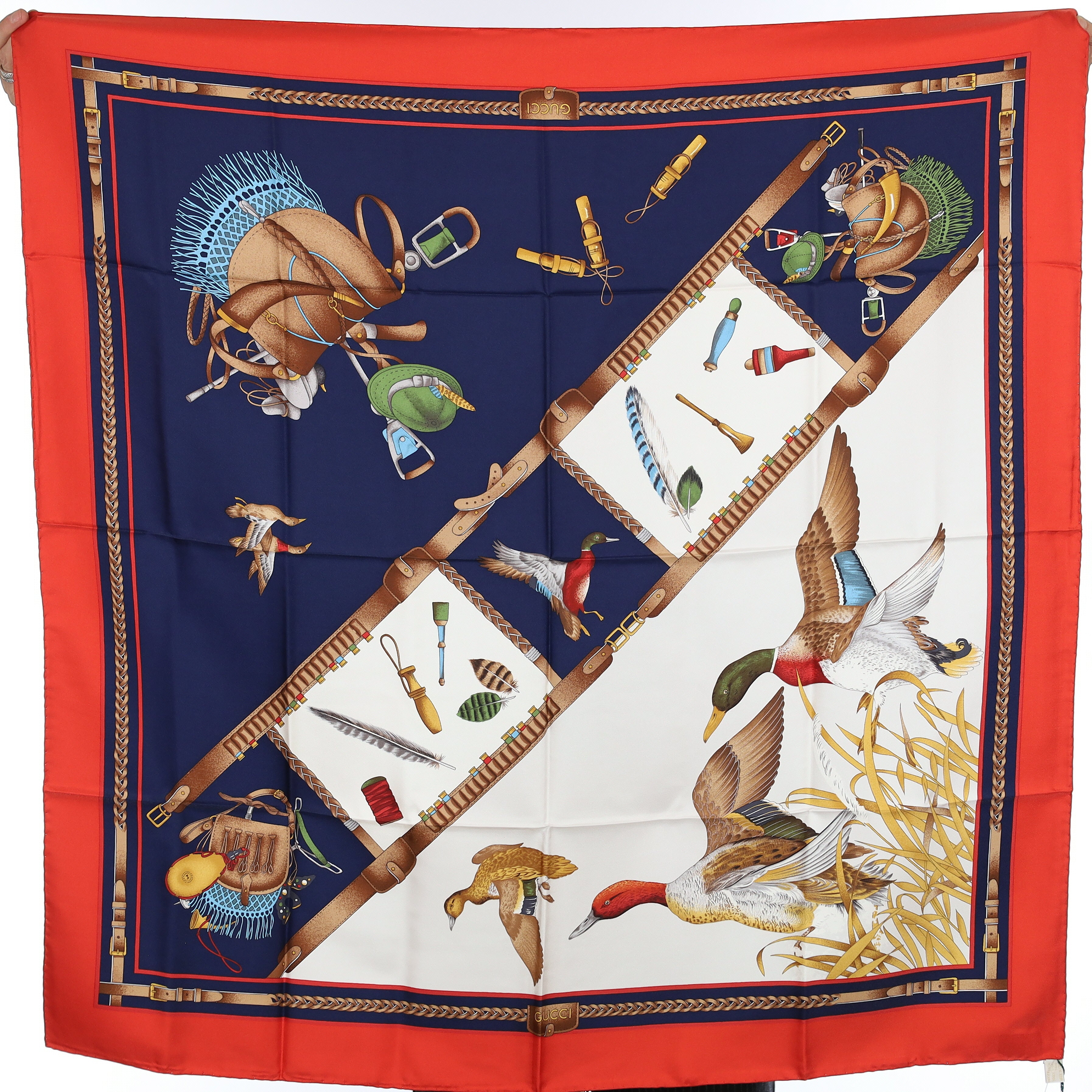 Brand New Gucci Duck Hunt Red and Navy Vintage Silk Scarf