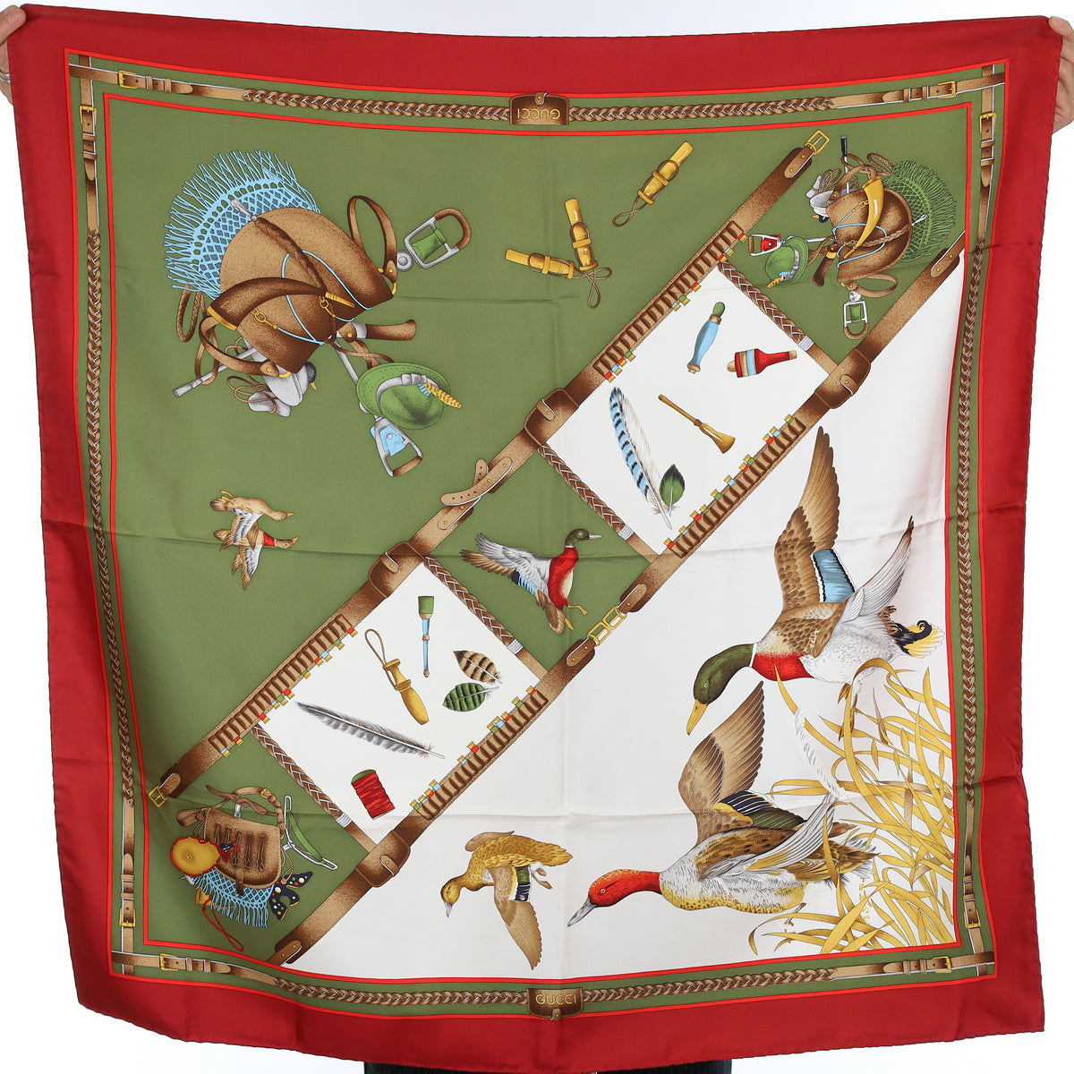 Brand New Gucci Duck Hunt Dark Red and Green Vintage Silk Scarf