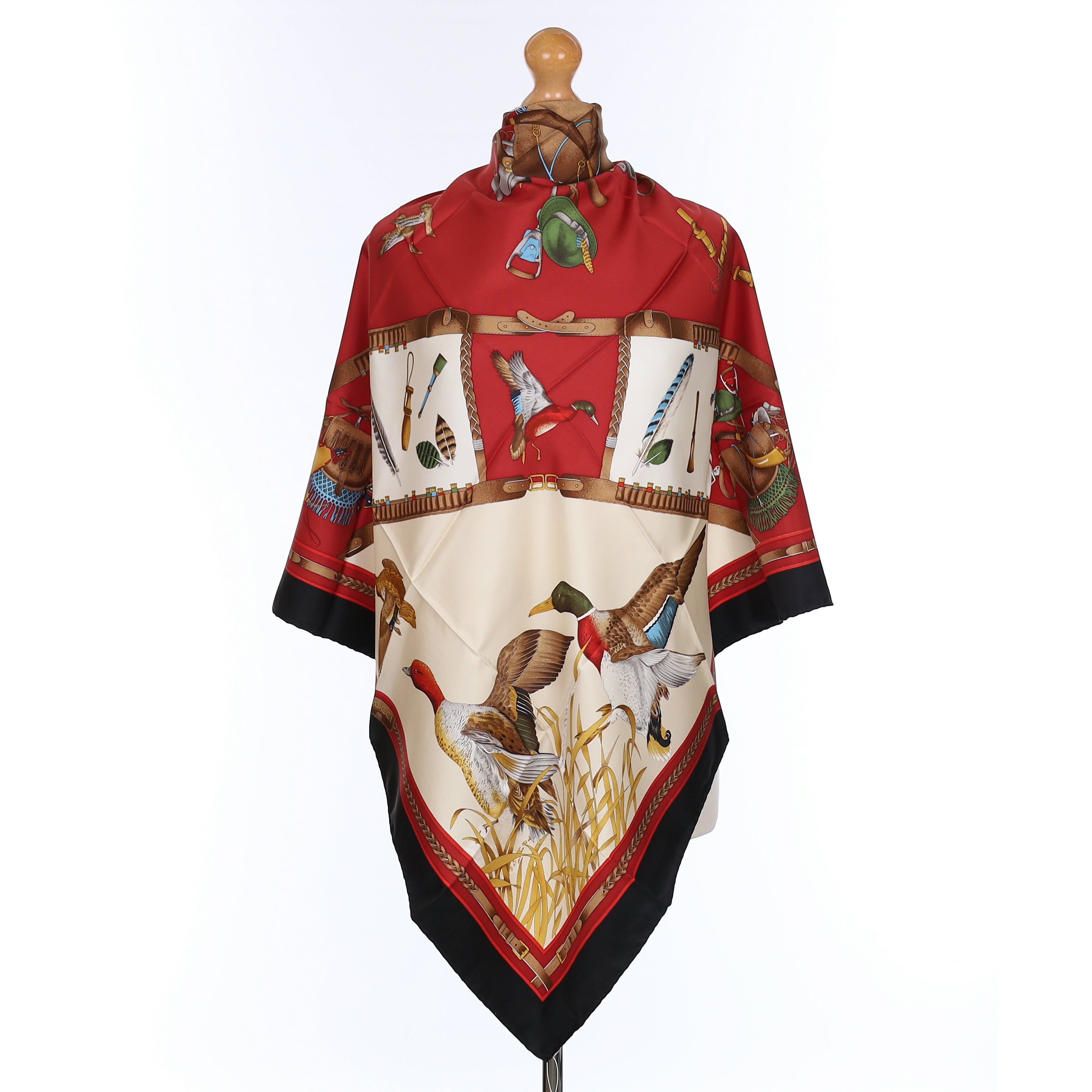 Brand New Gucci Duck Hunt Black and Dark Red Vintage Silk Scarf