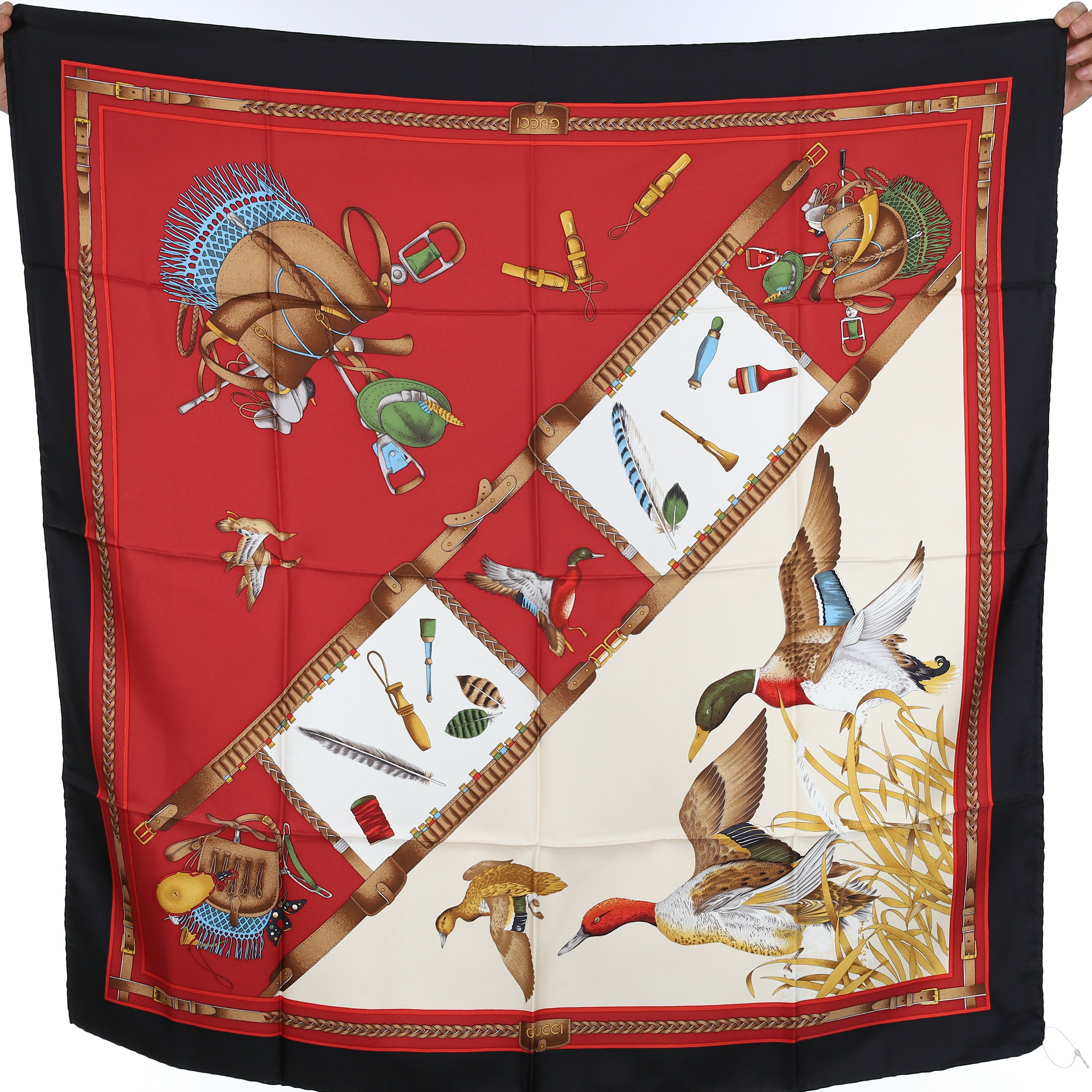 Brand New Gucci Duck Hunt Black and Dark Red Vintage Silk Scarf