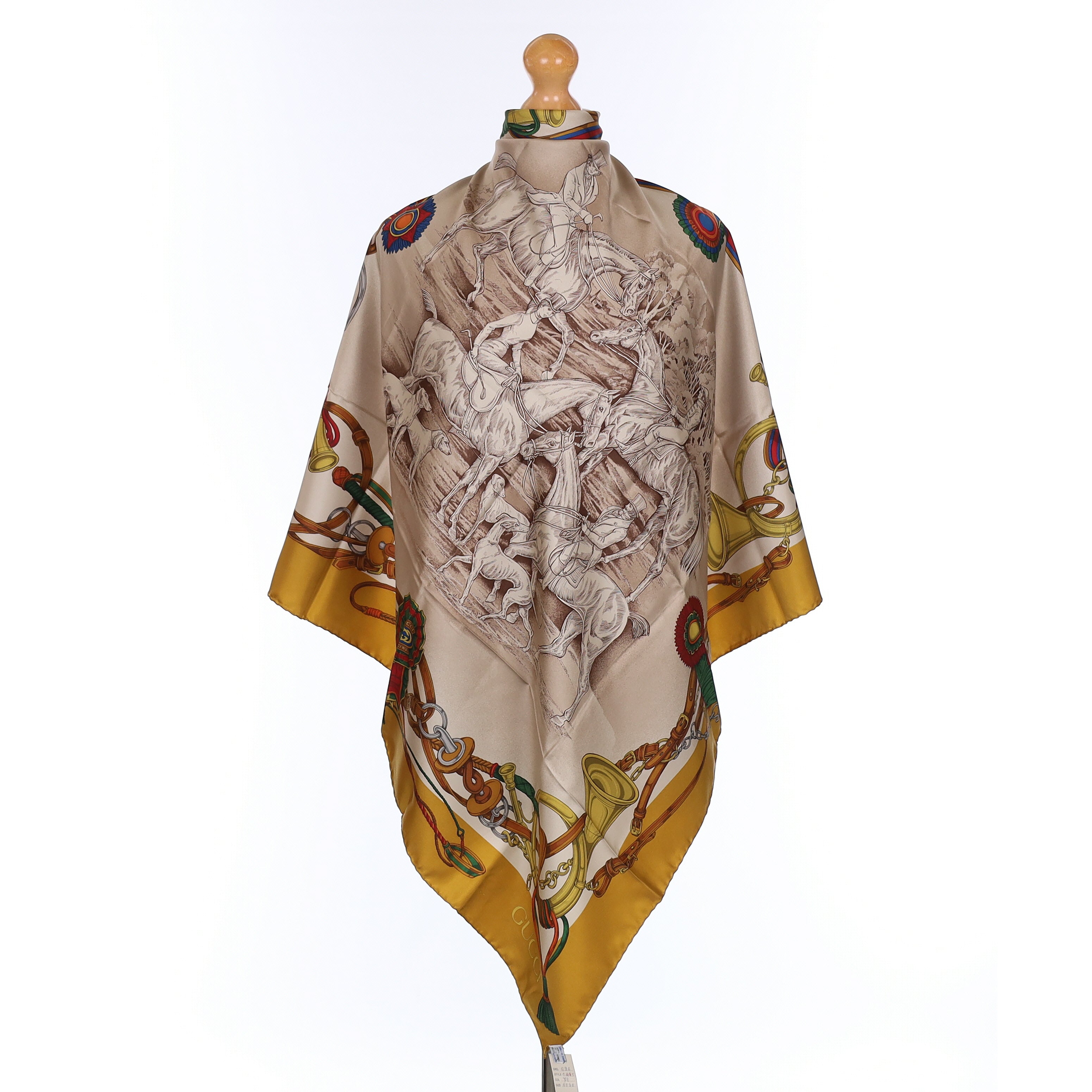 Brand New Gucci Yellow Hunting Scene Vintage Silk Scarf