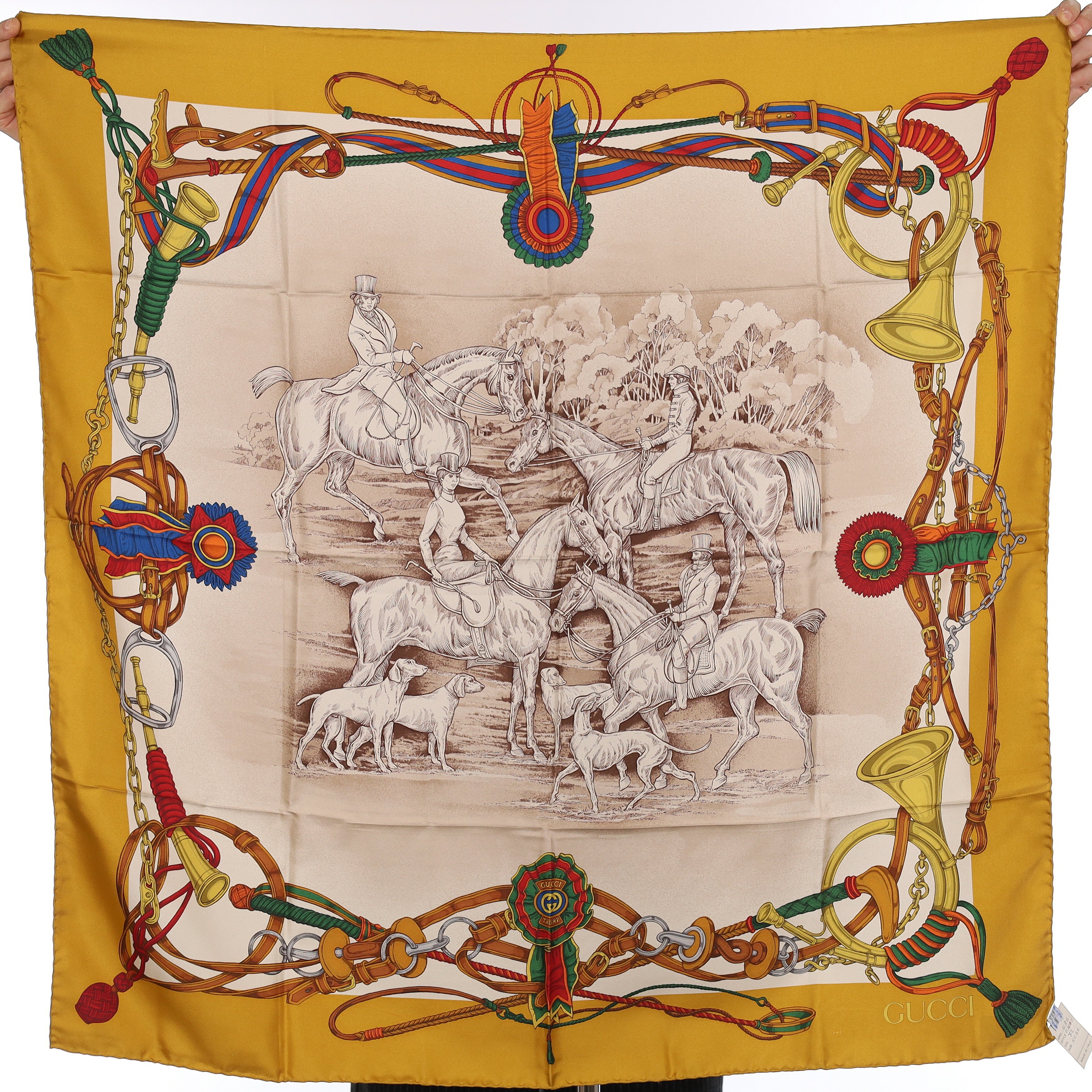 Brand New Gucci Yellow Hunting Scene Vintage Silk Scarf