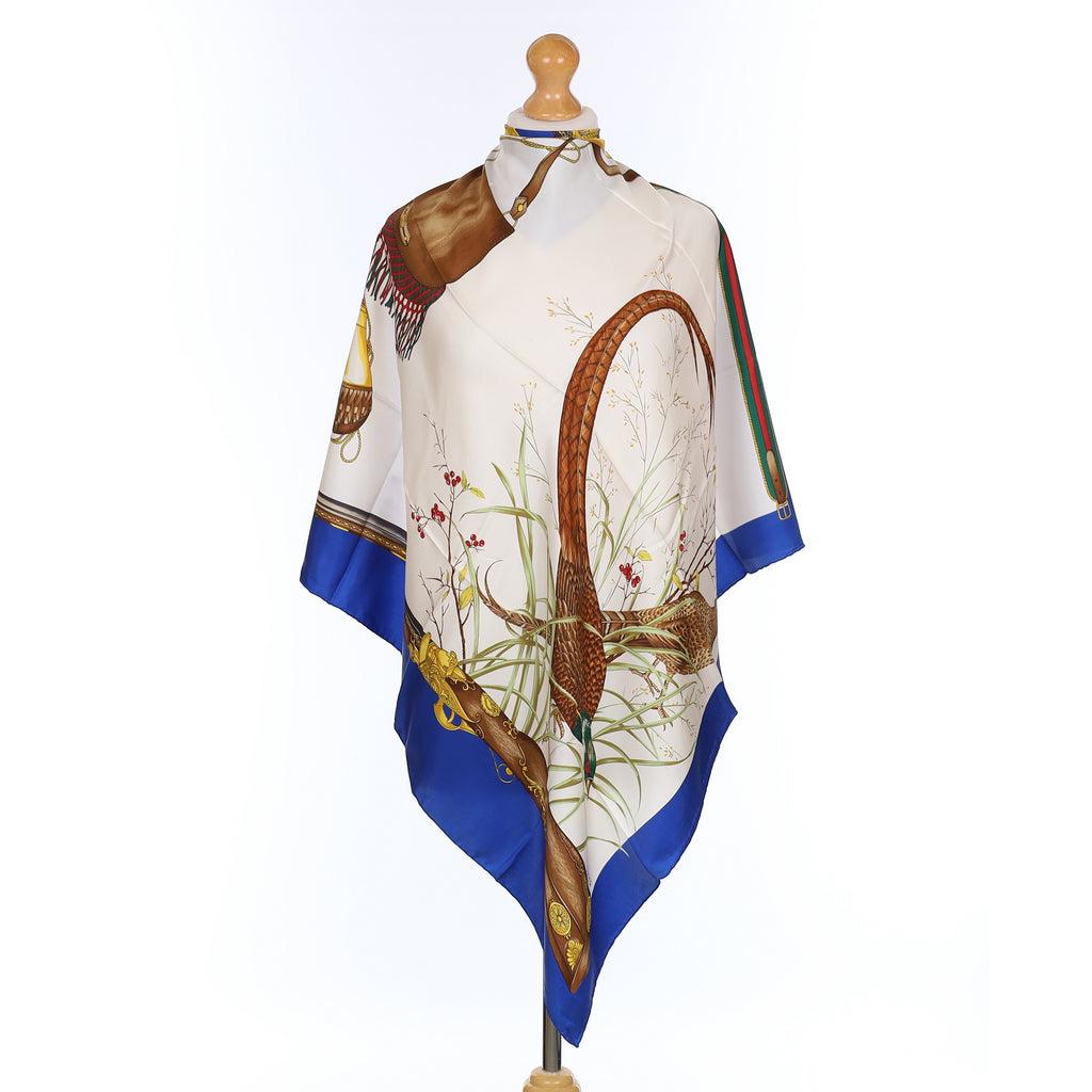 Brand New Gucci Blue Pheasant Hunt Vintage Silk Scarf