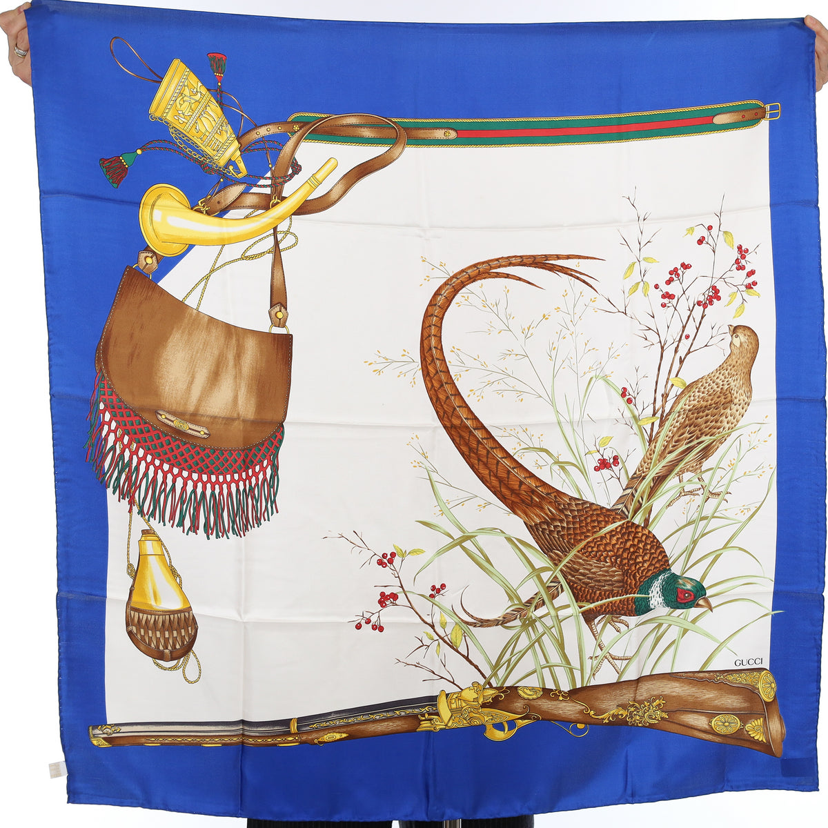 Brand New Gucci Blue Pheasant Hunt Vintage Silk Scarf