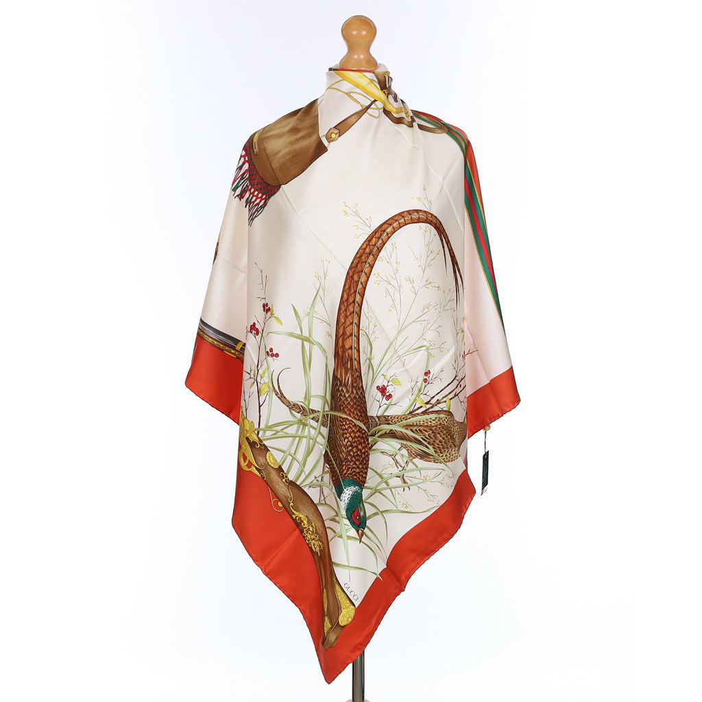 Brand New Gucci Orange Pheasant Hunt Vintage Silk Scarf