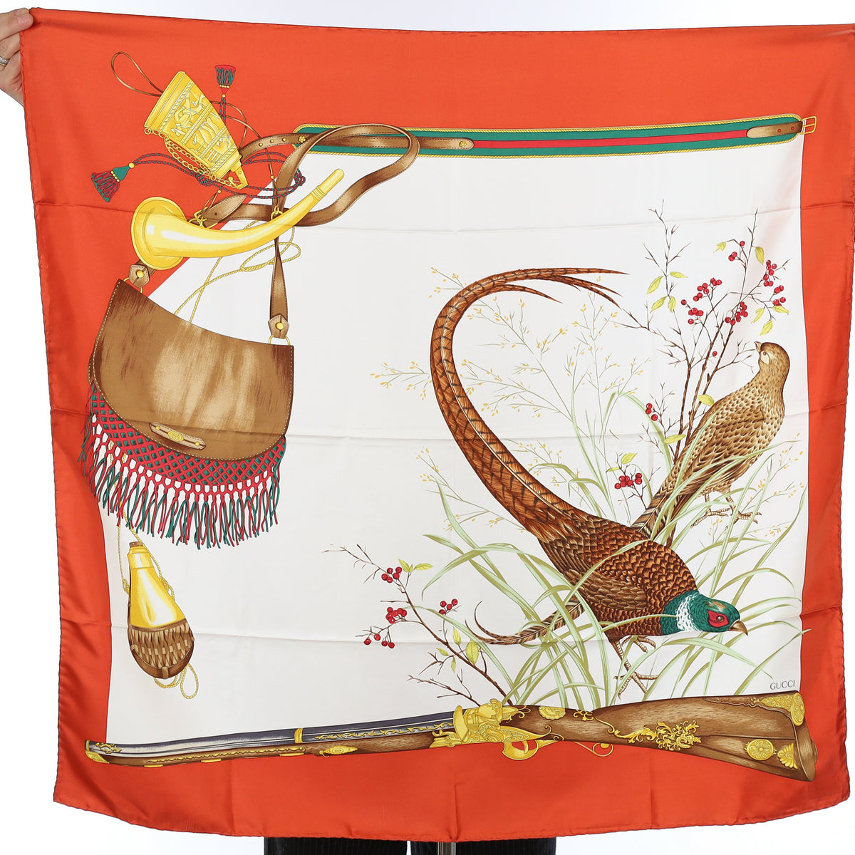 Brand New Gucci Orange Pheasant Hunt Vintage Silk Scarf