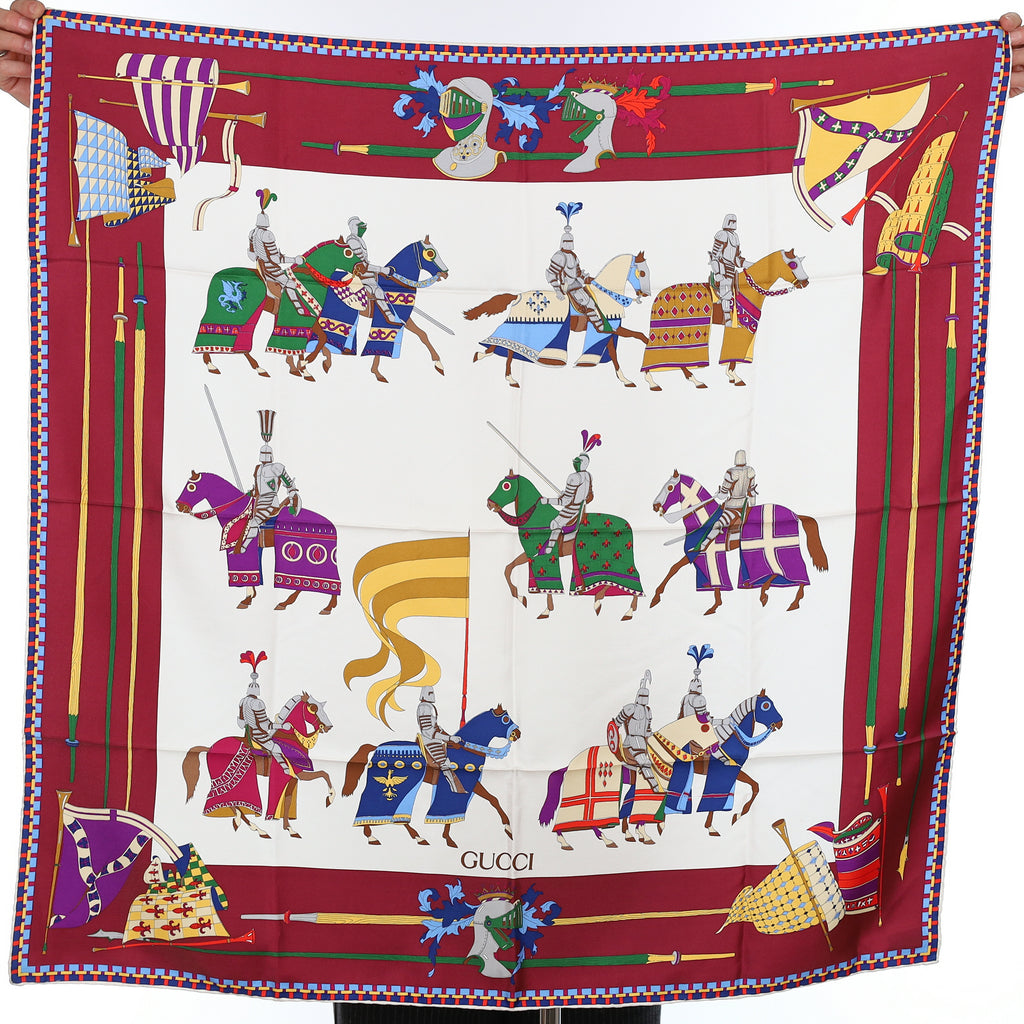Brand New Gucci Dressed Equestrian Burgundy Vintage Silk Scarf