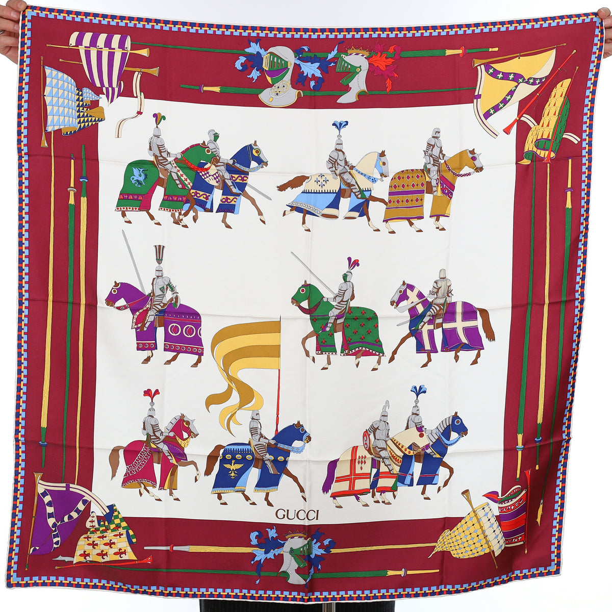 Brand New Gucci Dressed Equestrian Burgundy Vintage Silk Scarf