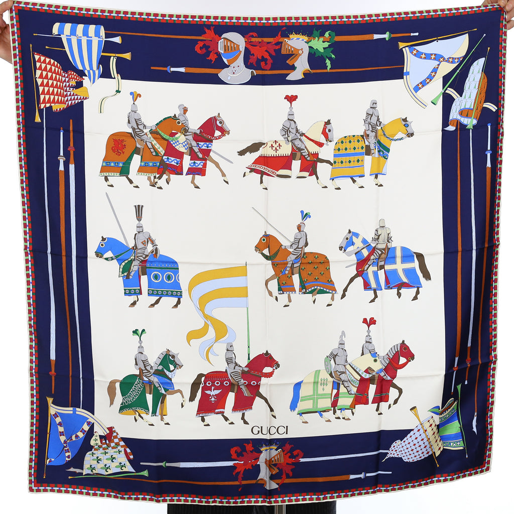 Brand New Gucci Dressed Equestrian Navy Vintage Silk Scarf