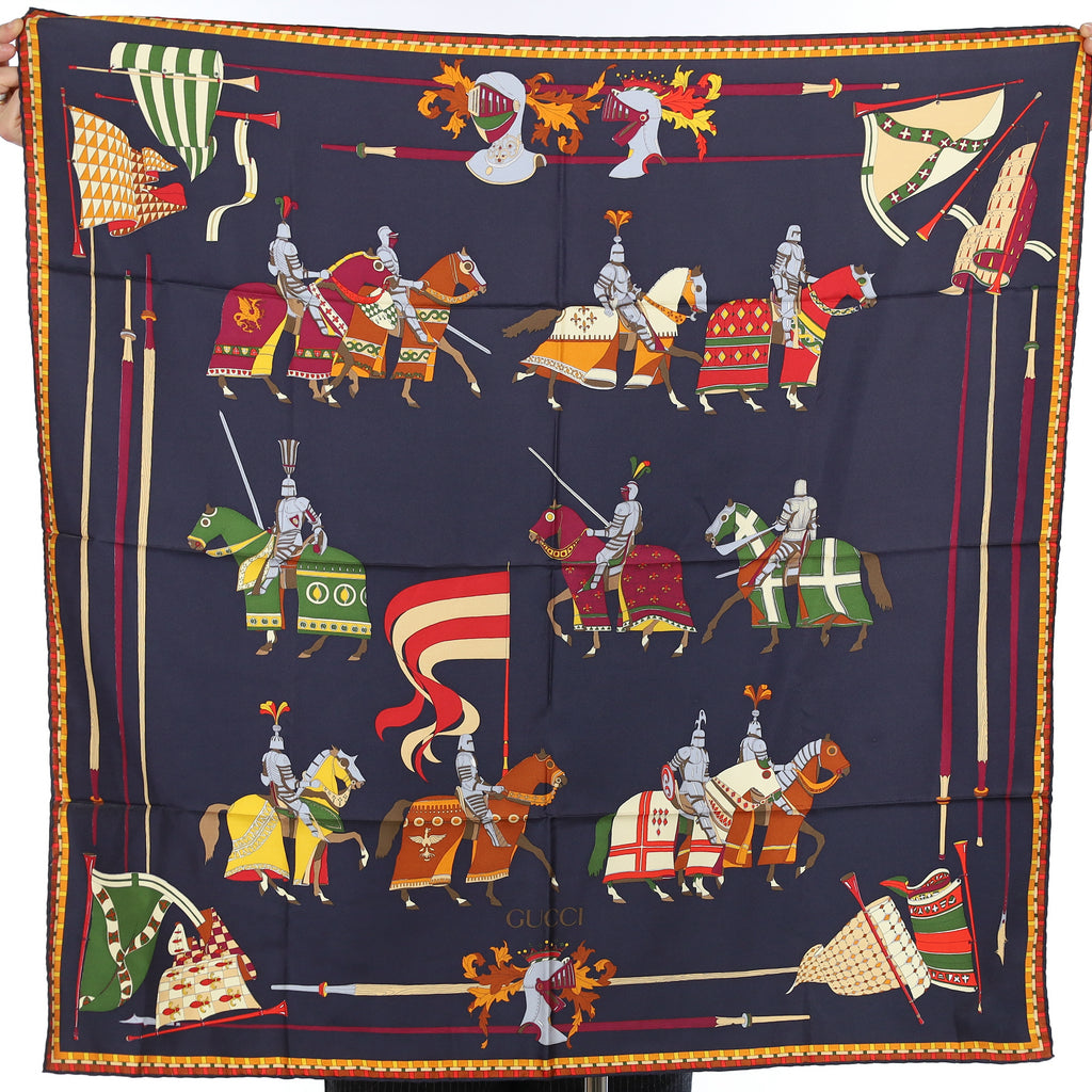 Brand New Gucci Dressed Equestrian Darkest Navy Vintage Silk Scarf
