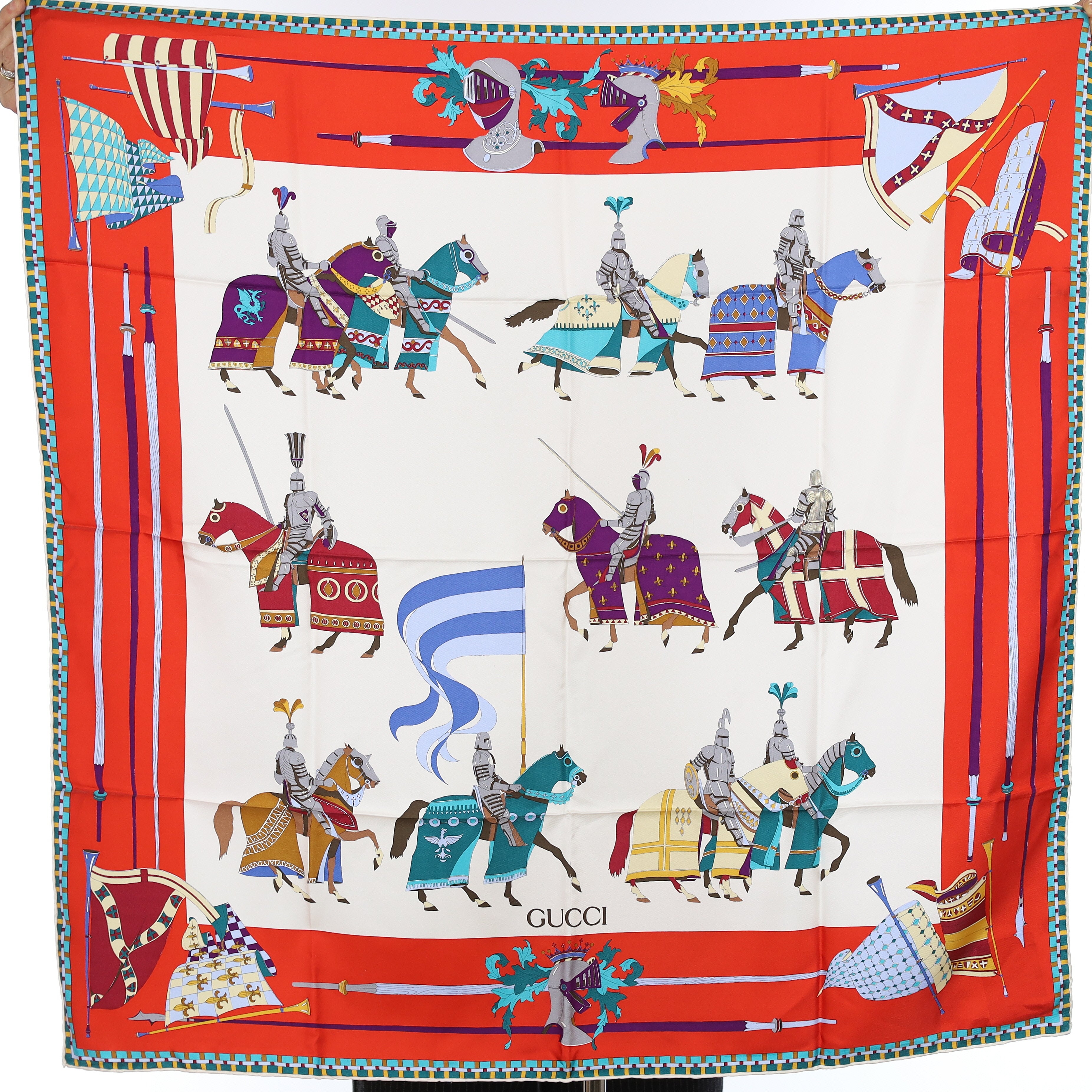 Brand New Gucci Dressed Equestrian Red Vintage Silk Scarf