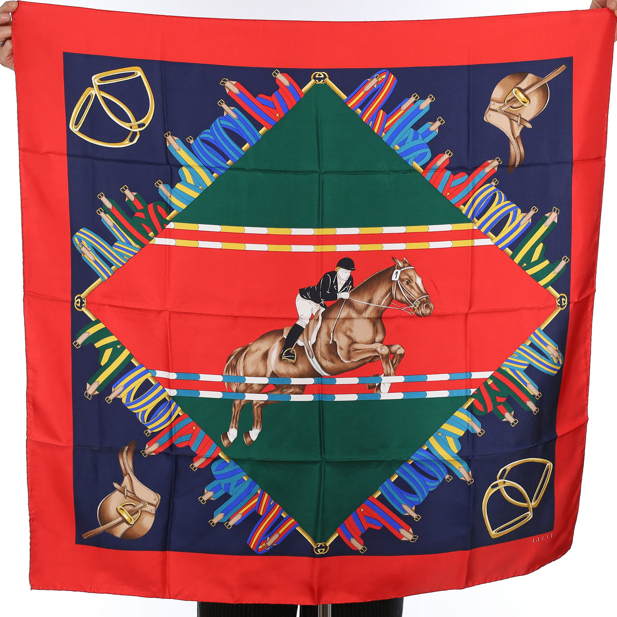 Brand New Gucci Jumping Stripe Red and Navy Vintage Silk Scarf