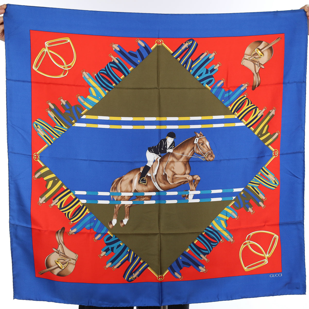Brand New Gucci Jumping Stripe Red and Blue Vintage Silk Scarf