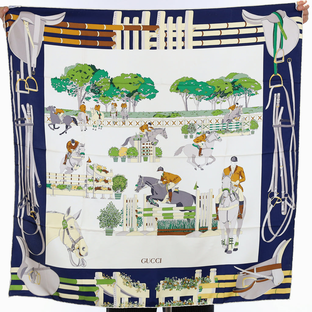 Brand New Gucci Equestrian Show Navy Vintage Silk Scarf