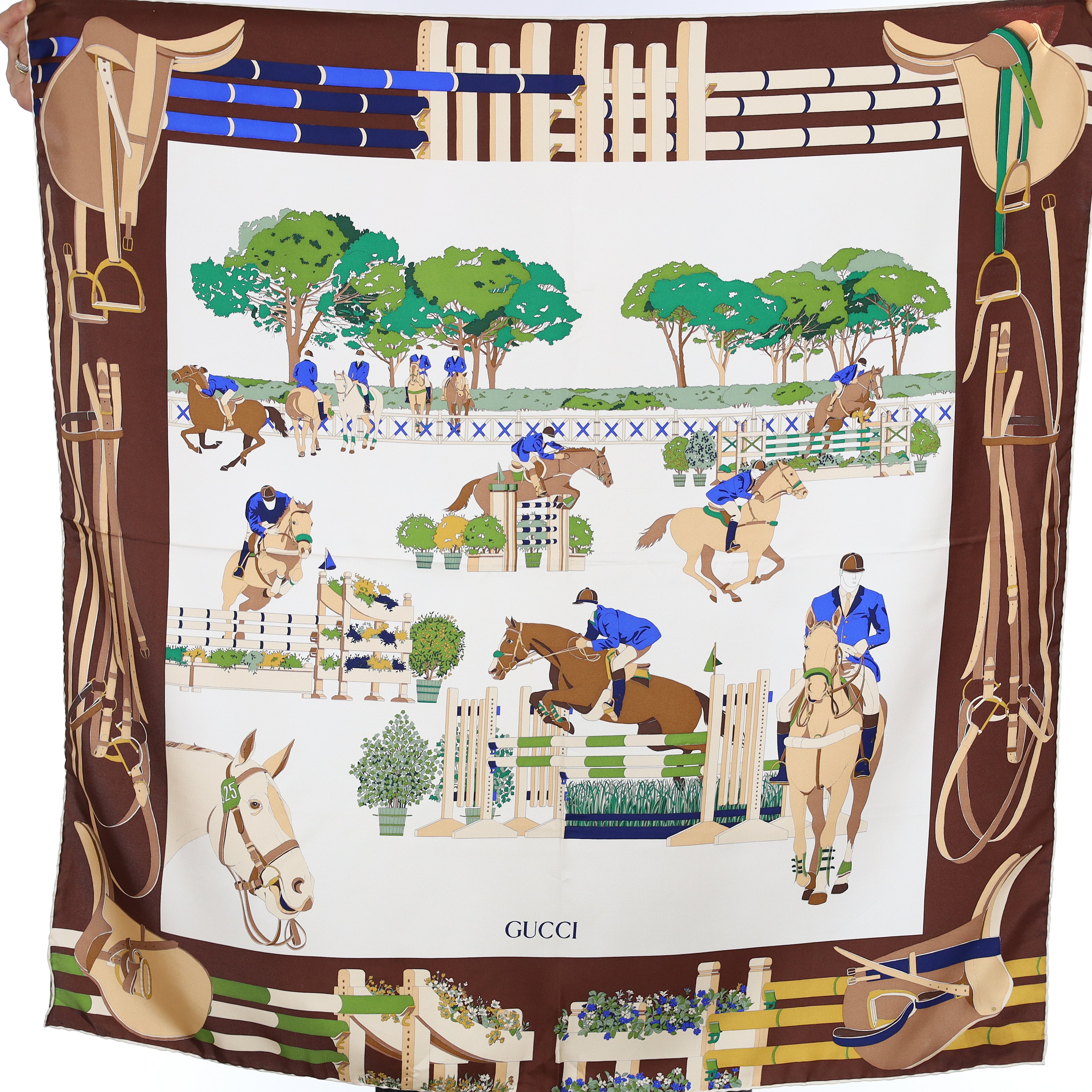 Brand New Gucci Equestrian Show Brown Vintage Silk Scarf