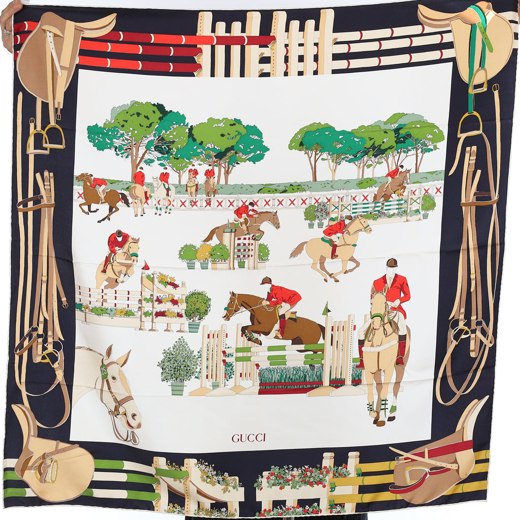 Brand New Gucci Equestrian Show Black Vintage Silk Scarf