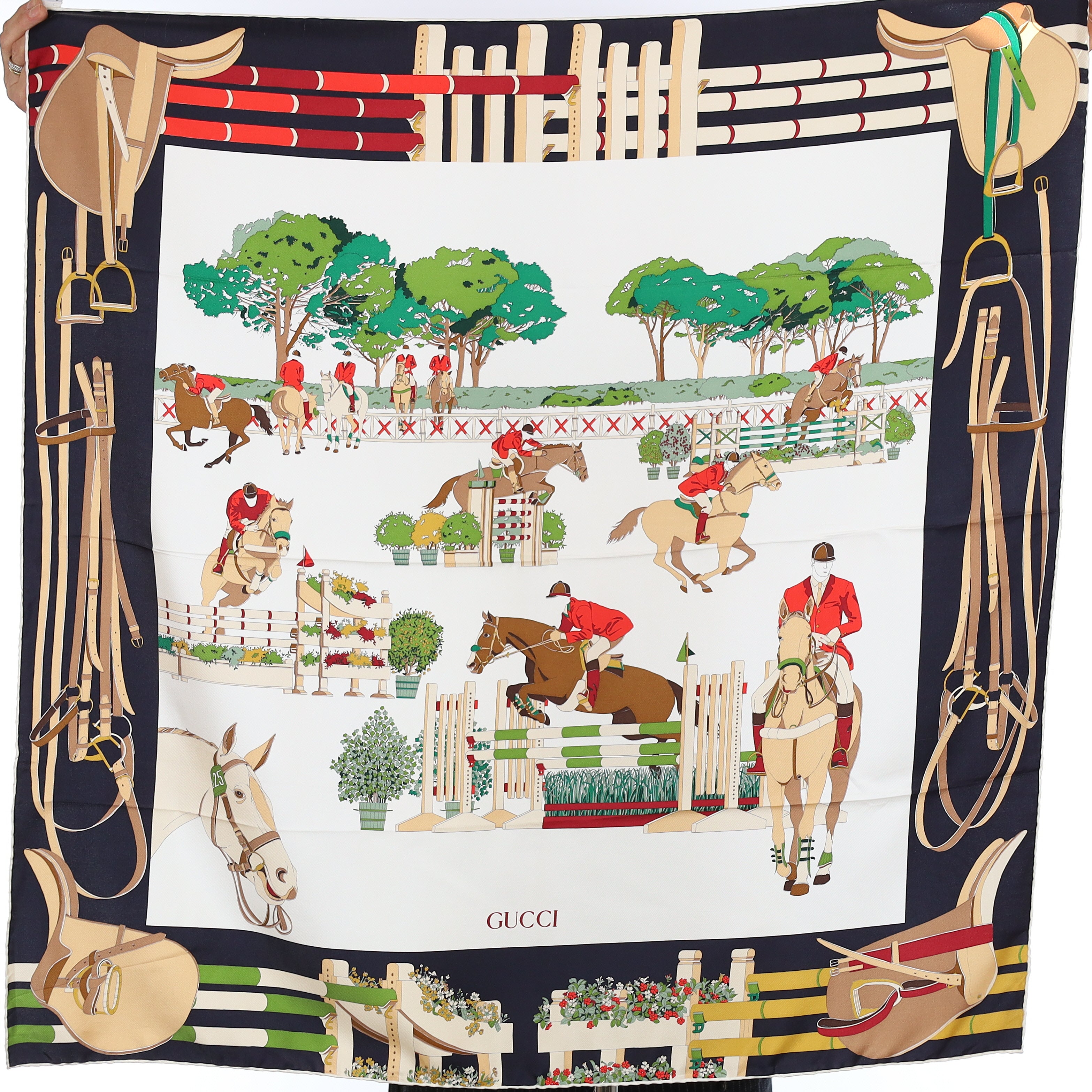 Brand New Gucci Equestrian Show Black Vintage Silk Scarf