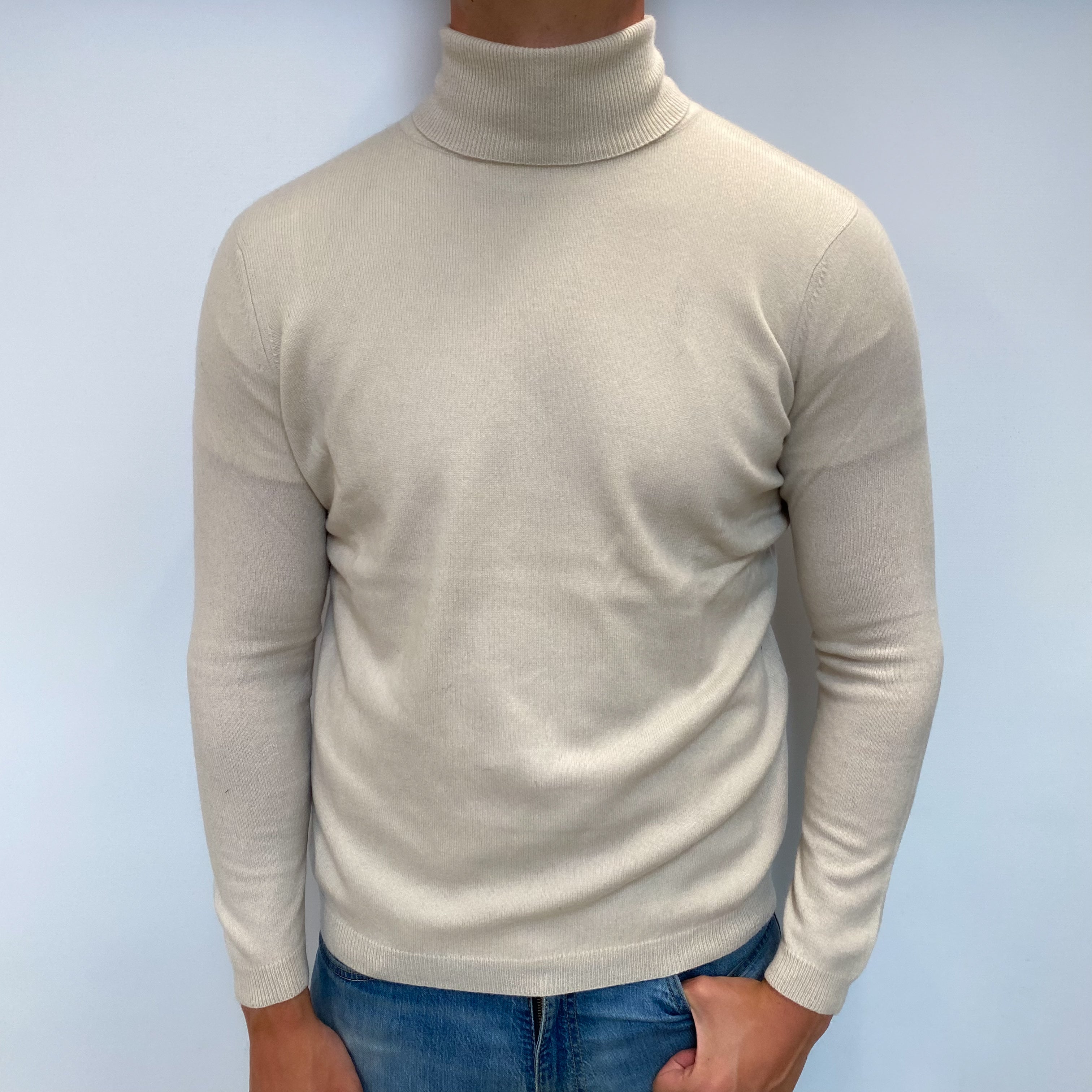 Men's Alabaster Beige Cashmere Polo Neck Jumper XL