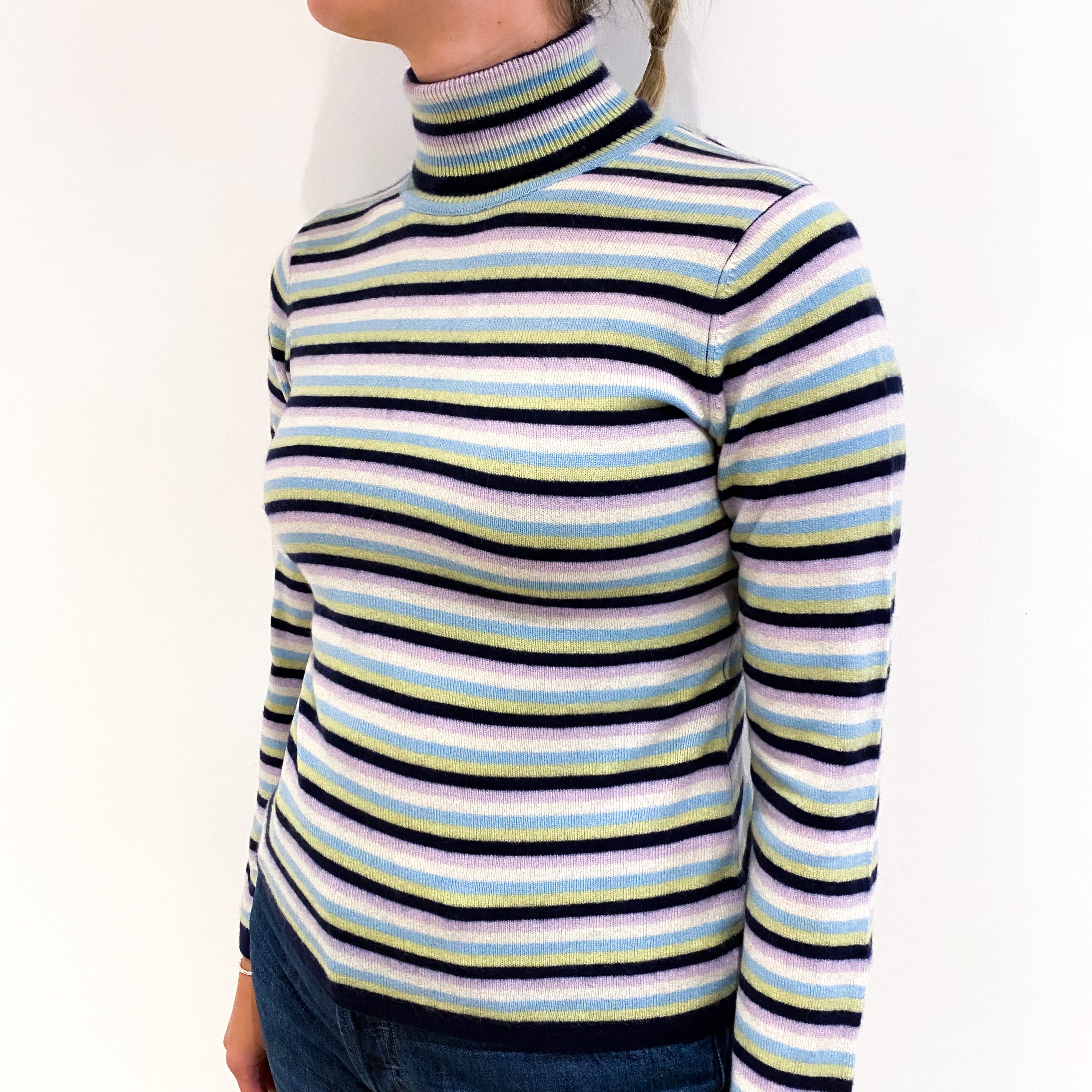 Navy Colourful Stripe Cashmere Polo Neck Jumper Small