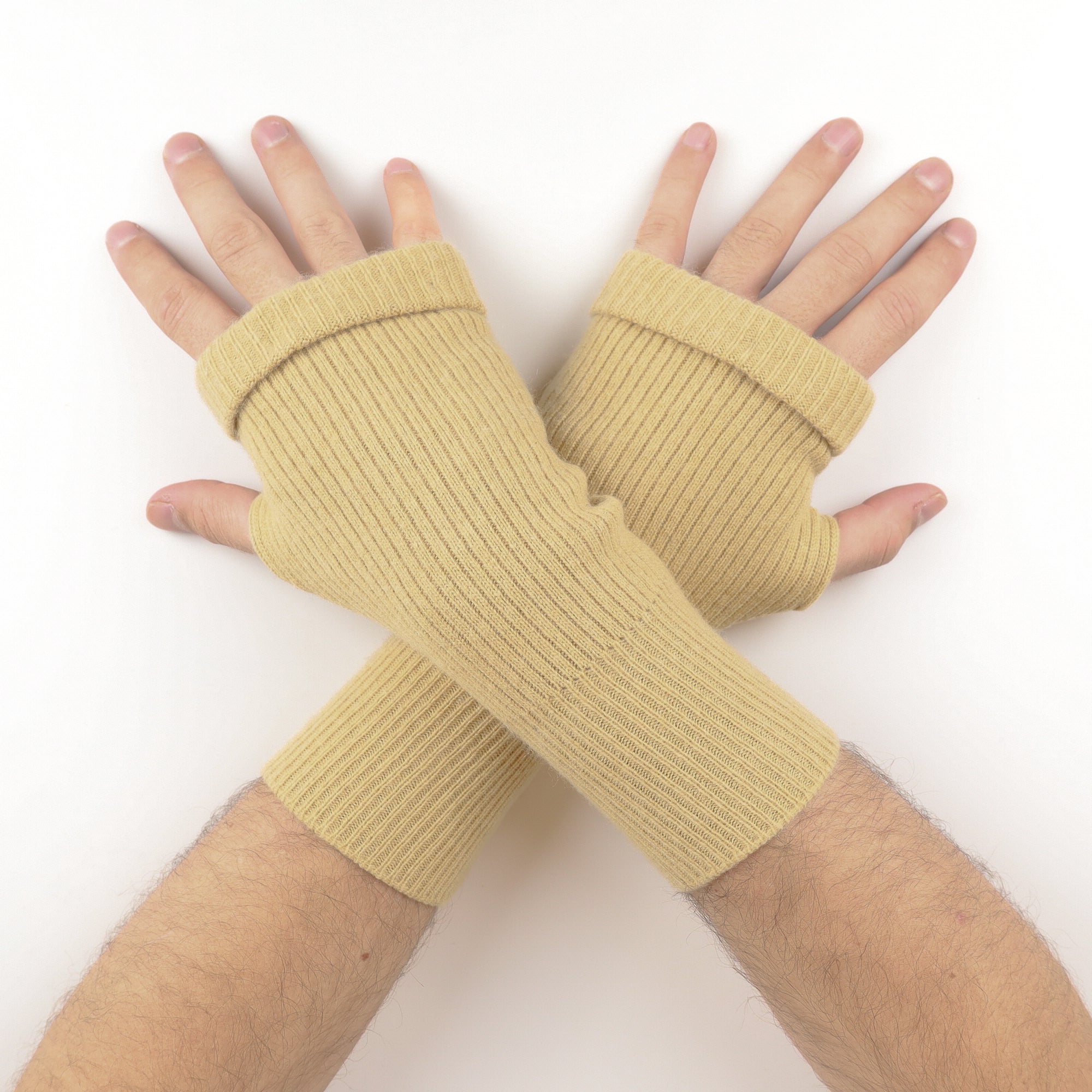 Men's Sand Beige Ribbed Fingerless Gloves