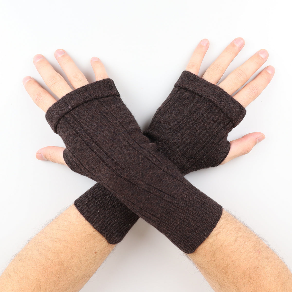 Men's Dark Brown Ribbed Fingerless Gloves