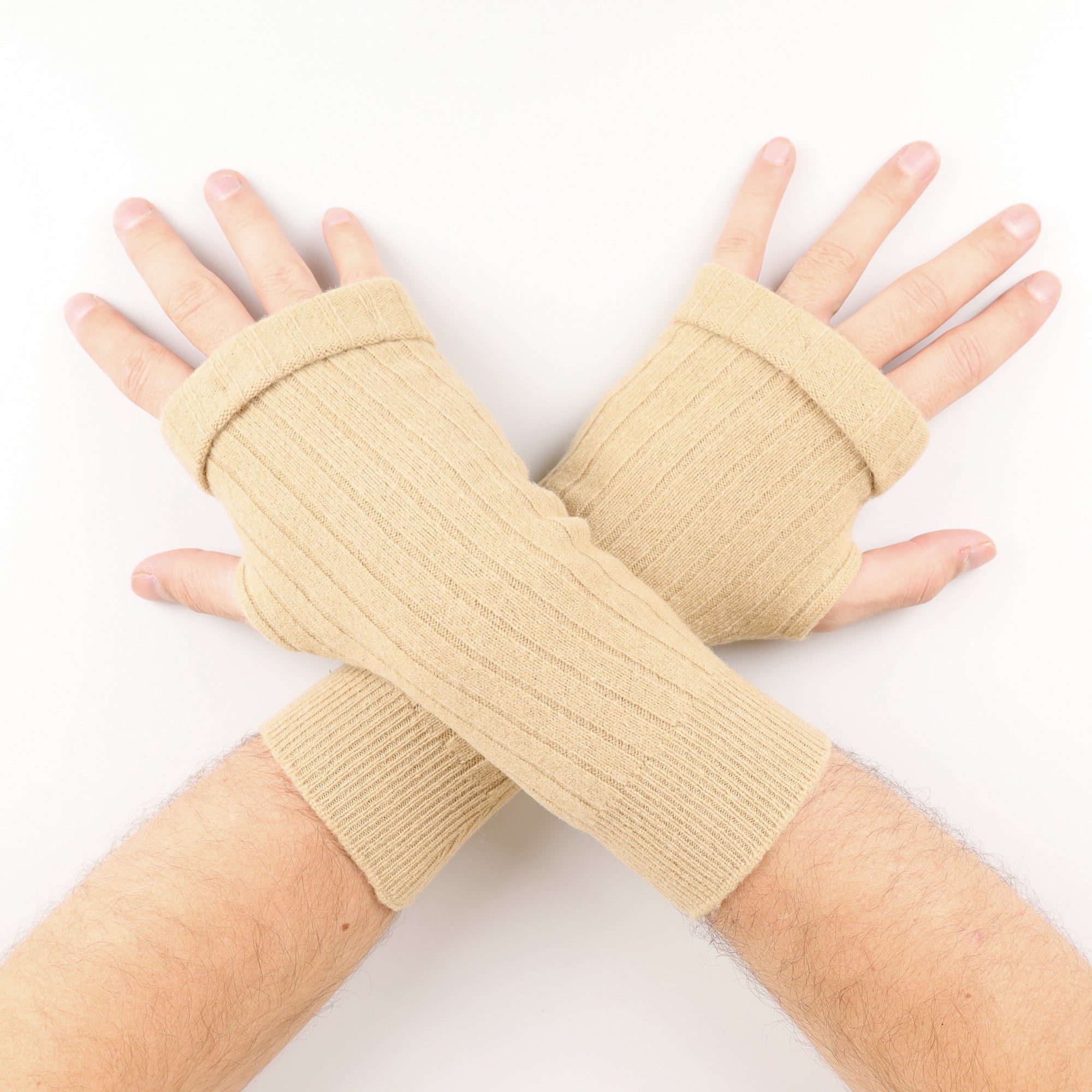Men's Sand Beige Ribbed Fingerless Gloves