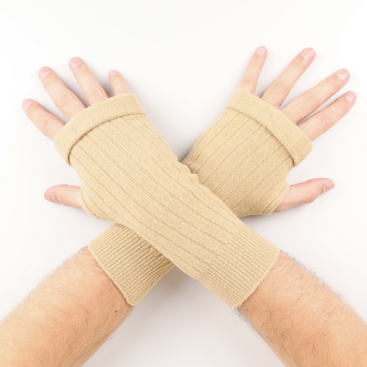 Men's Sand Beige Ribbed Fingerless Gloves