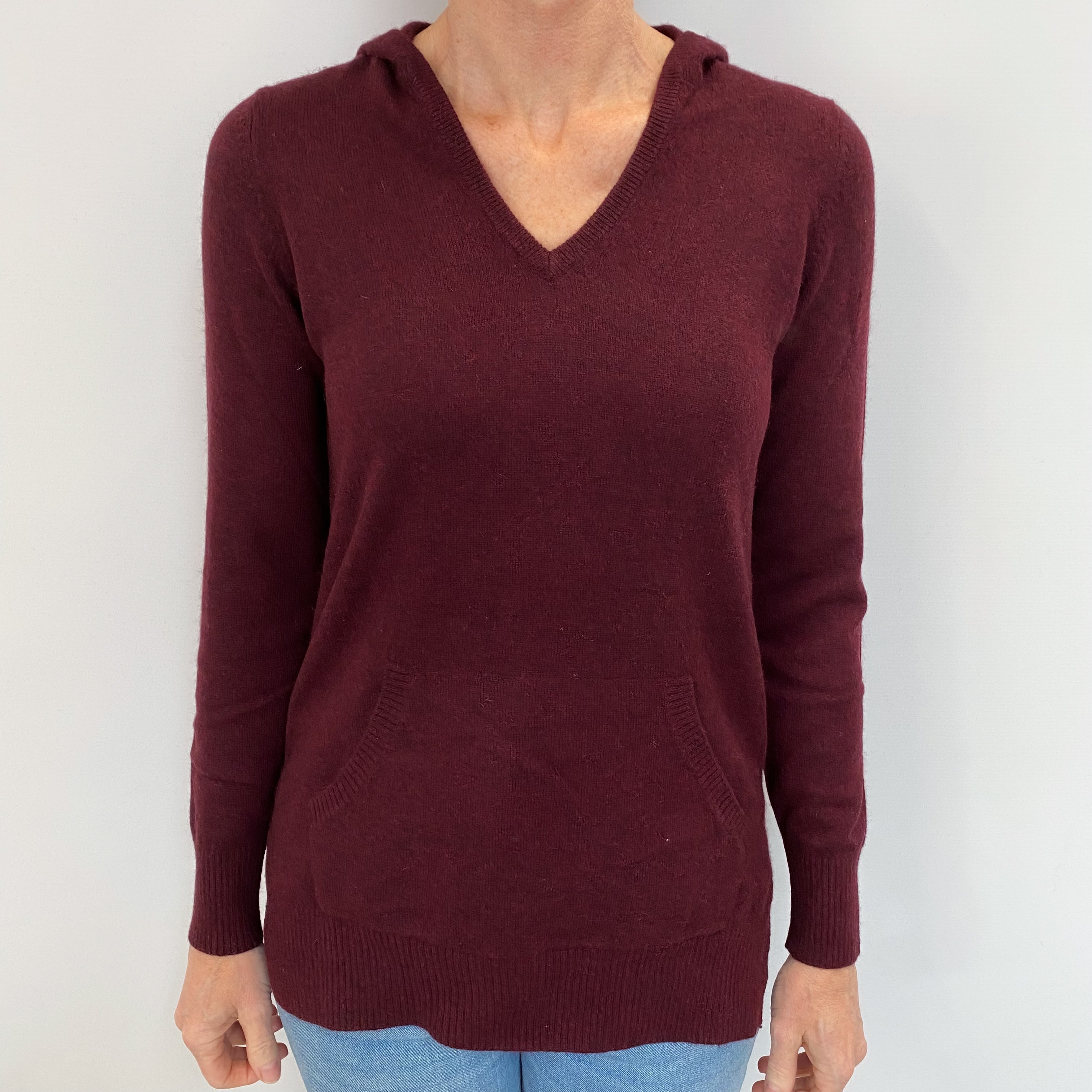 Port Red Cashmere V Neck Hoodie Jumper Small