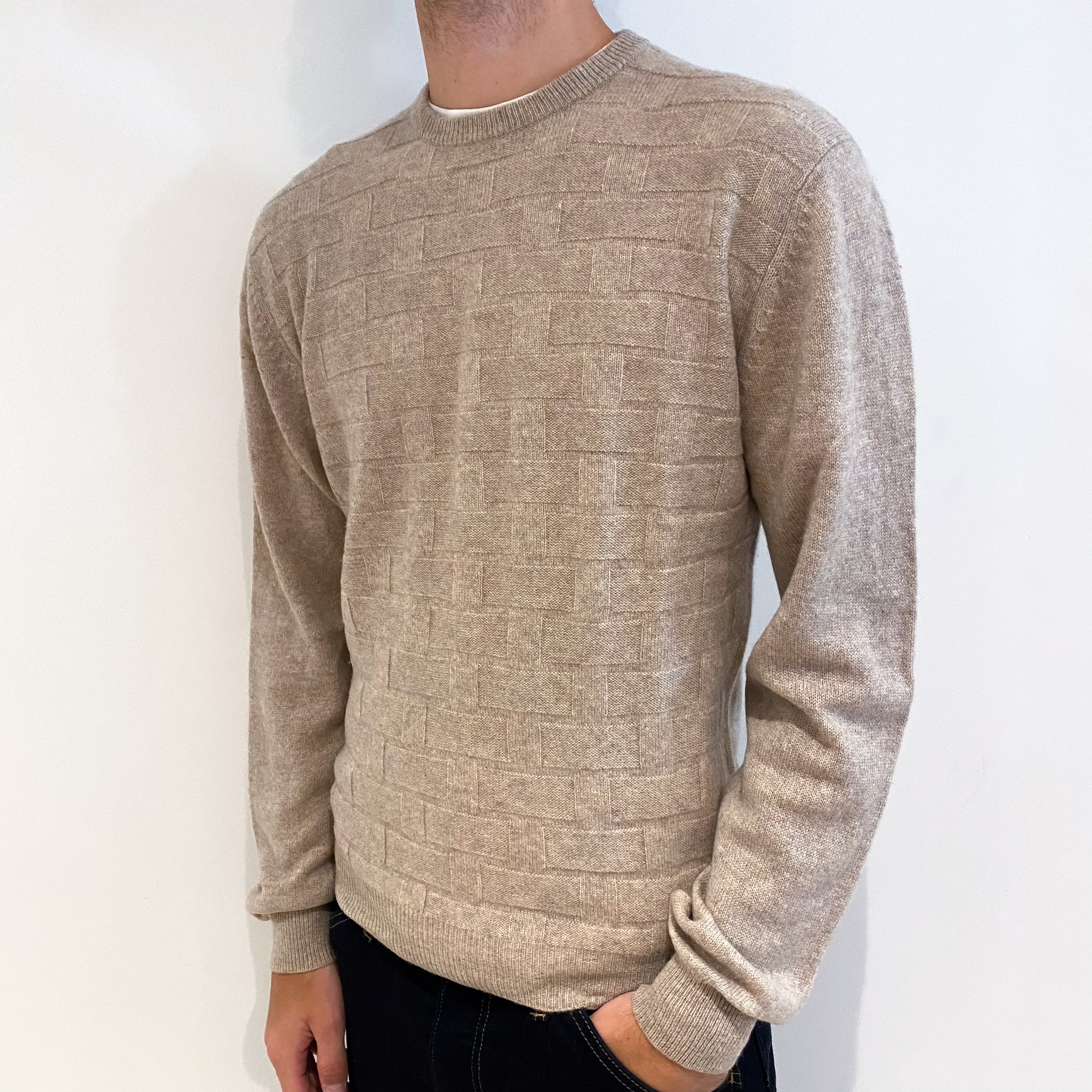 Men's Biscuit Brown Textured Cashmere Crew Neck Jumper Medium
