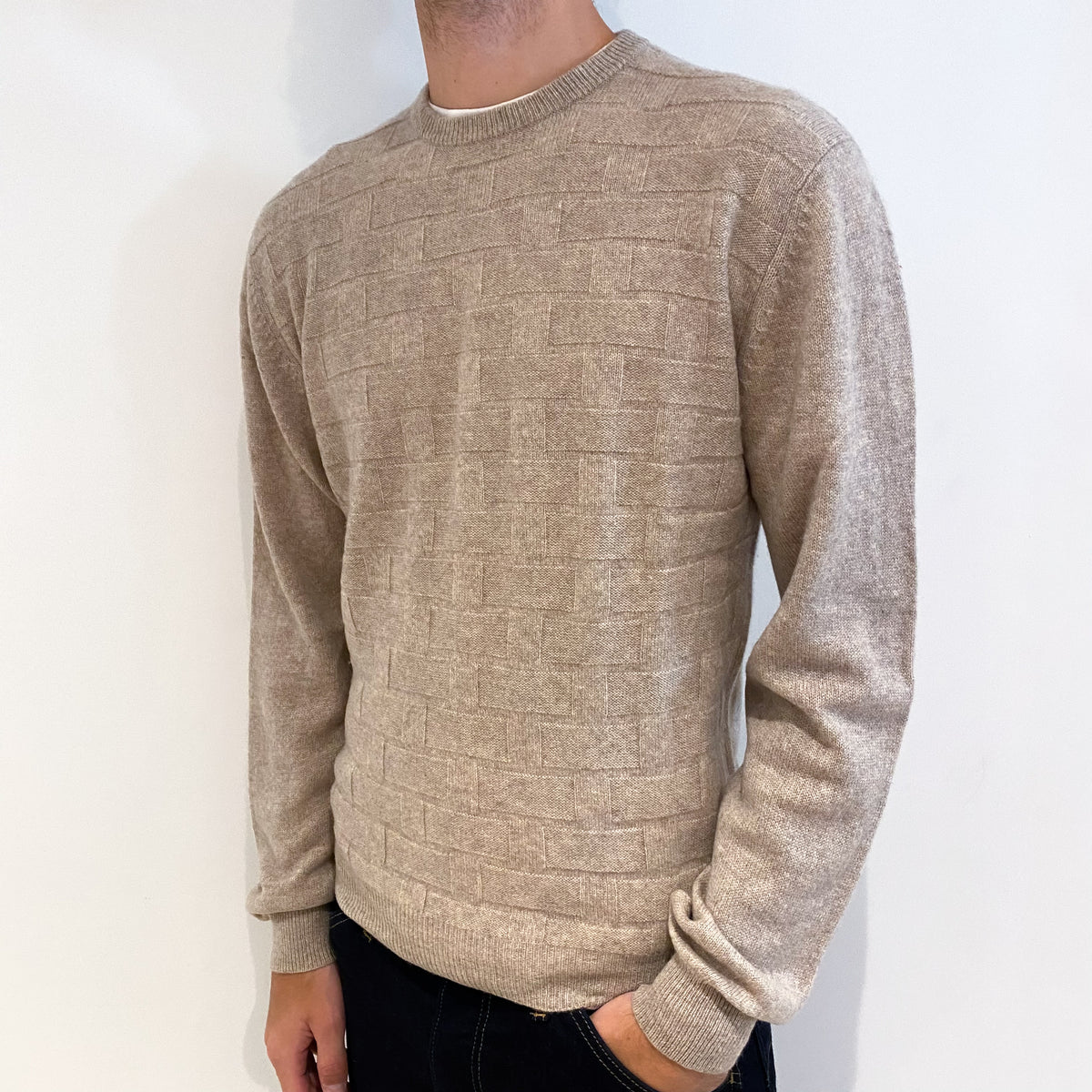 Men's Biscuit Brown Textured Cashmere Crew Neck Jumper Medium