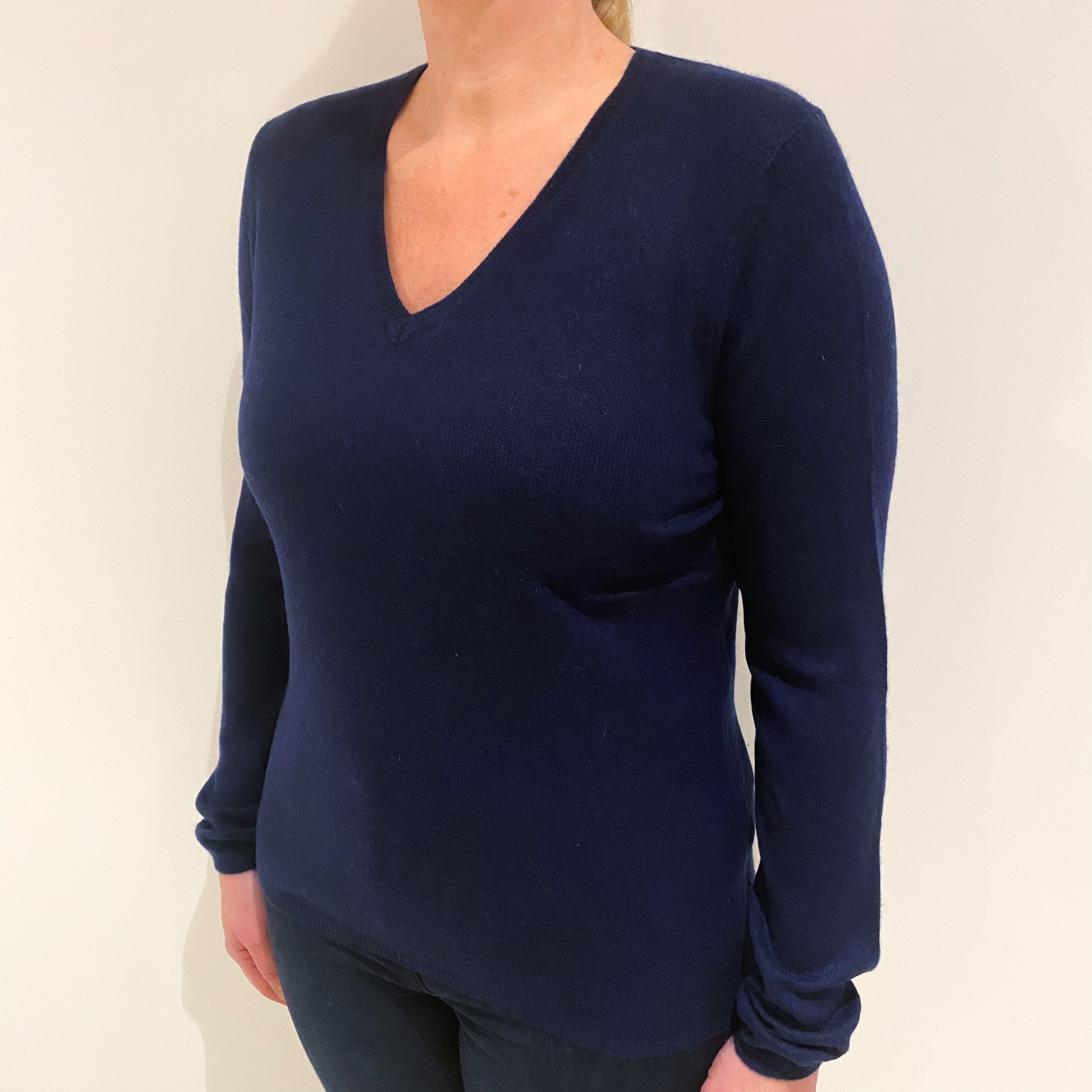 French Navy Cashmere V Neck Jumper Large