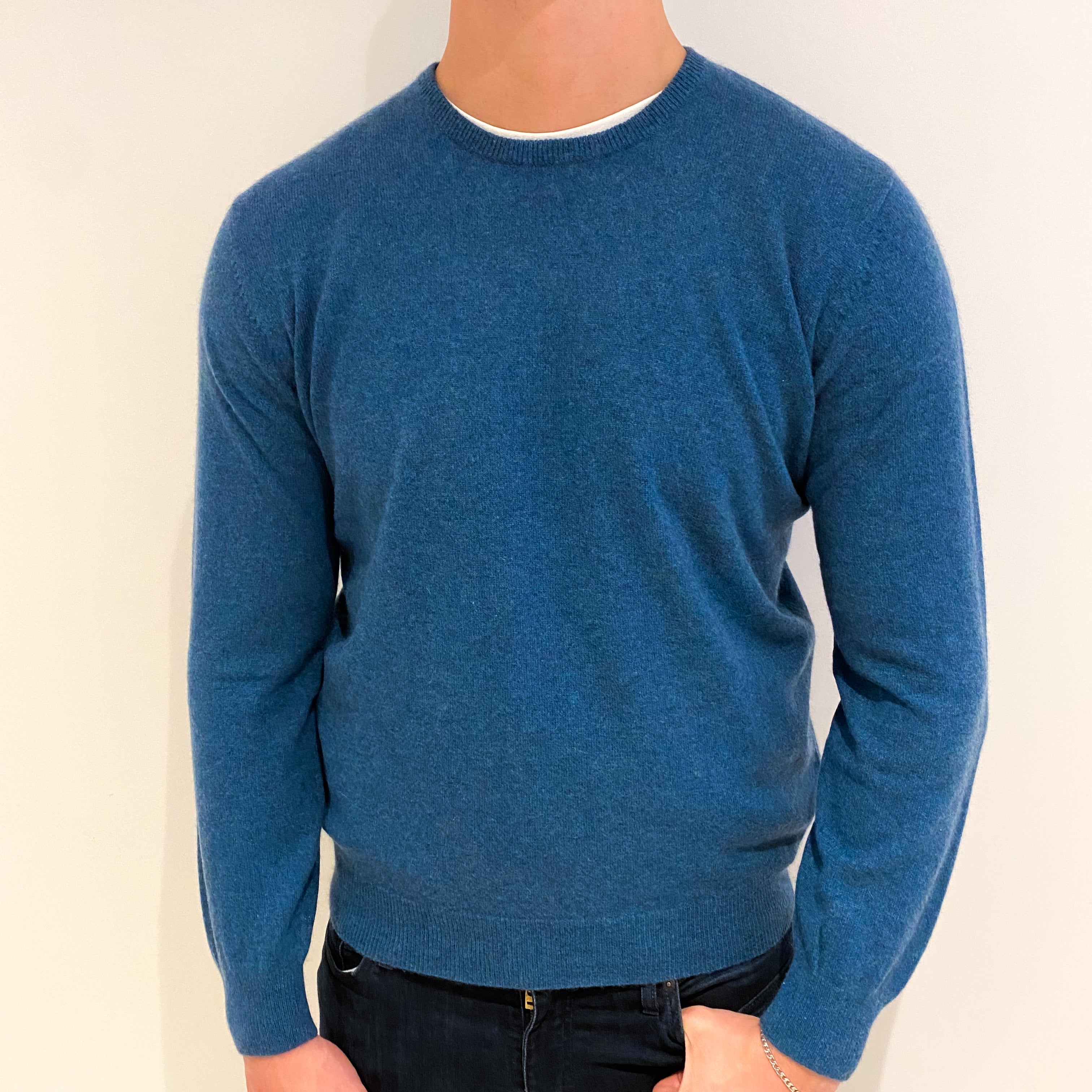 Men's Petrol Blue Cashmere Crew Neck Jumper XL