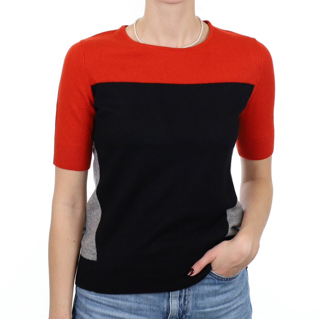 Orange Colour Block Cashmere Short Sleeve Crew Neck Jumper Small