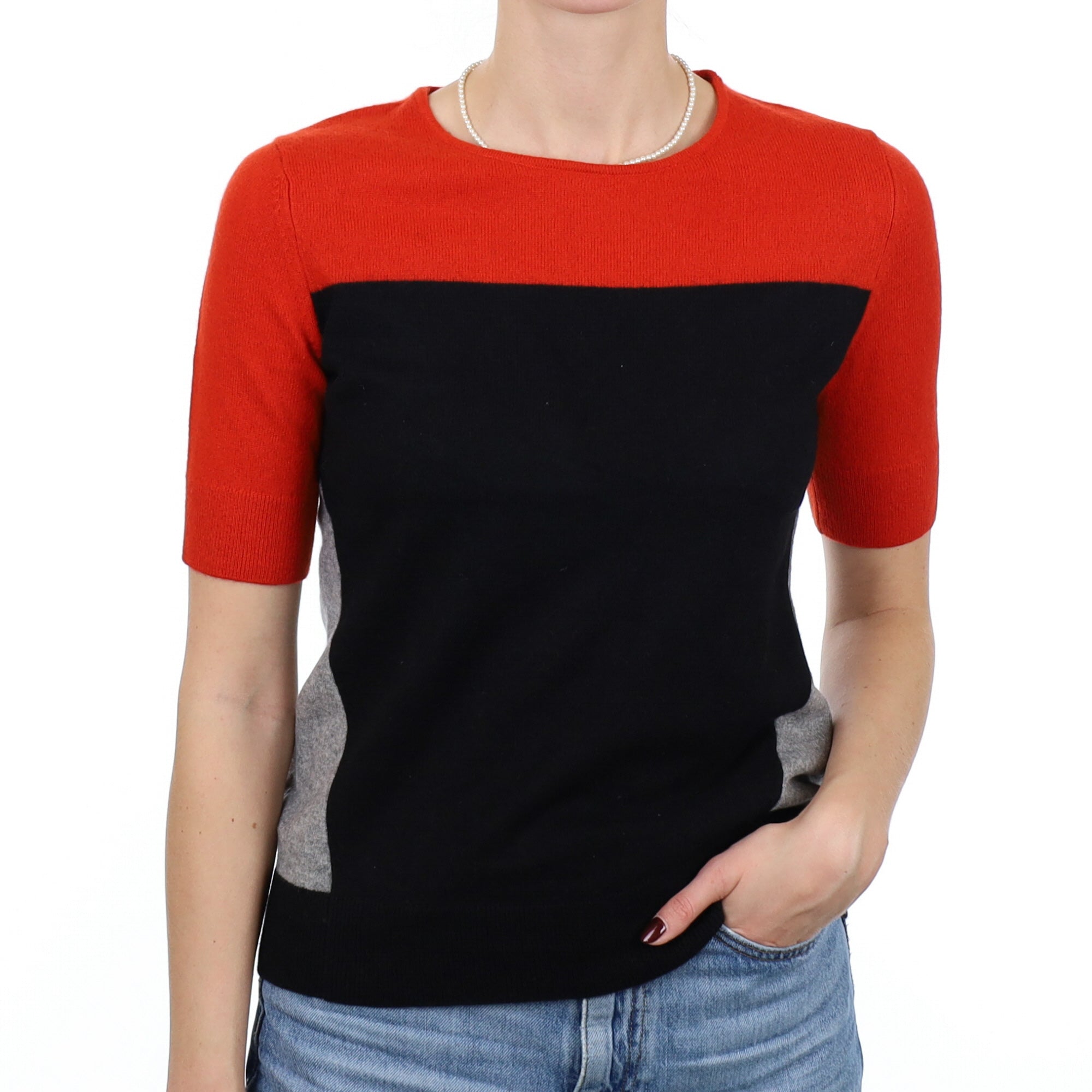 Orange Colour Block Cashmere Short Sleeve Crew Neck Jumper Small