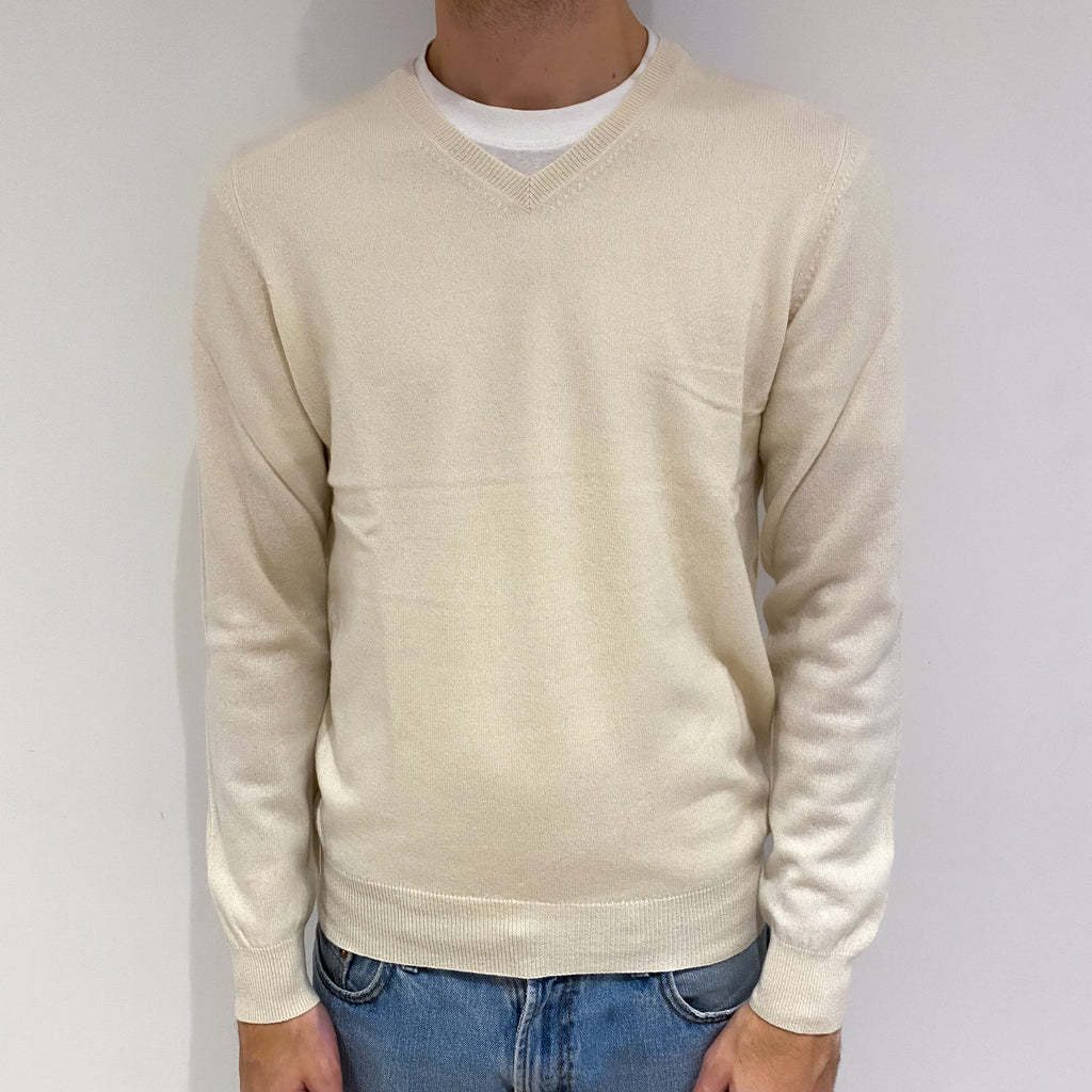 Men's Cream Cashmere V Neck Jumper Large