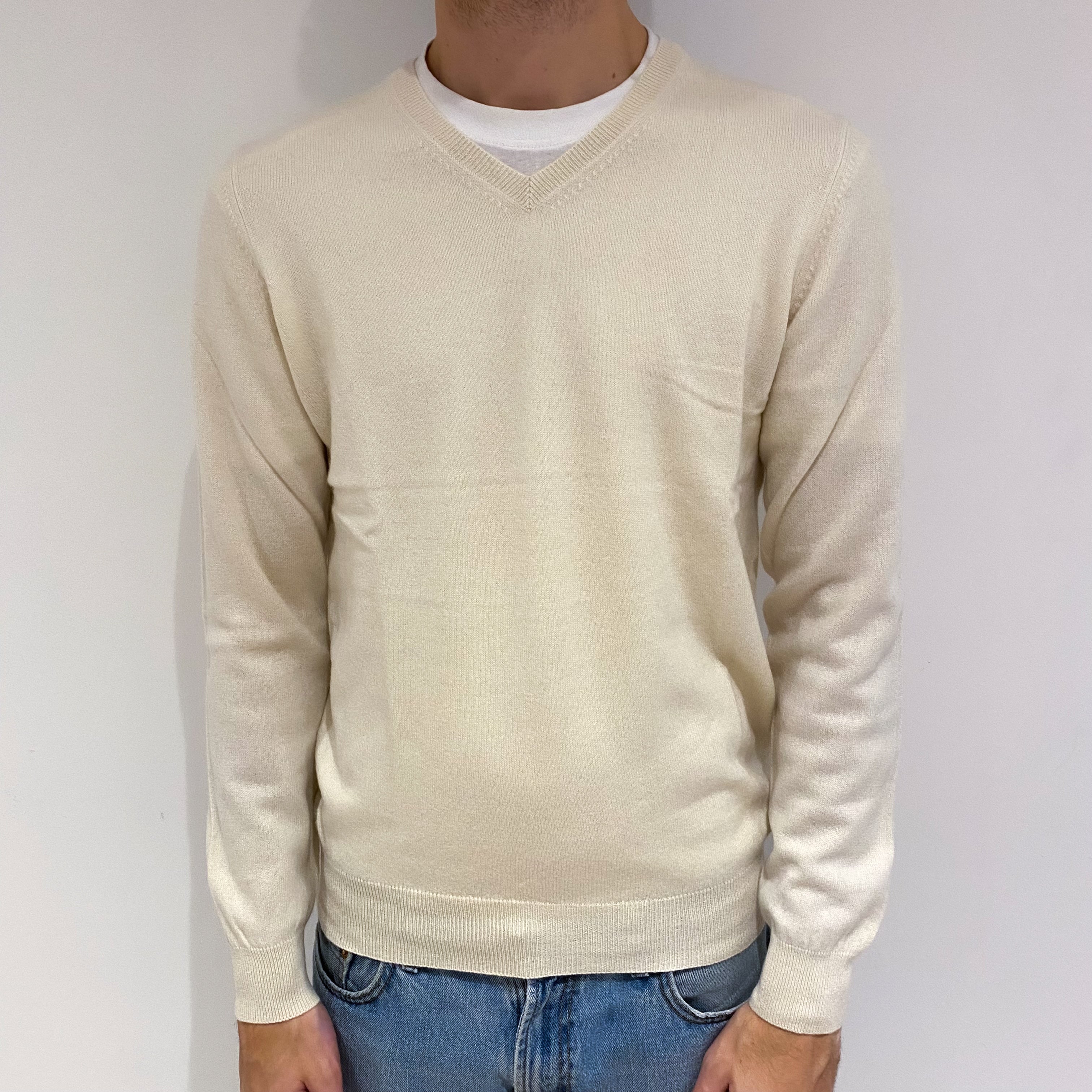 Men's Cream Cashmere V Neck Jumper Large