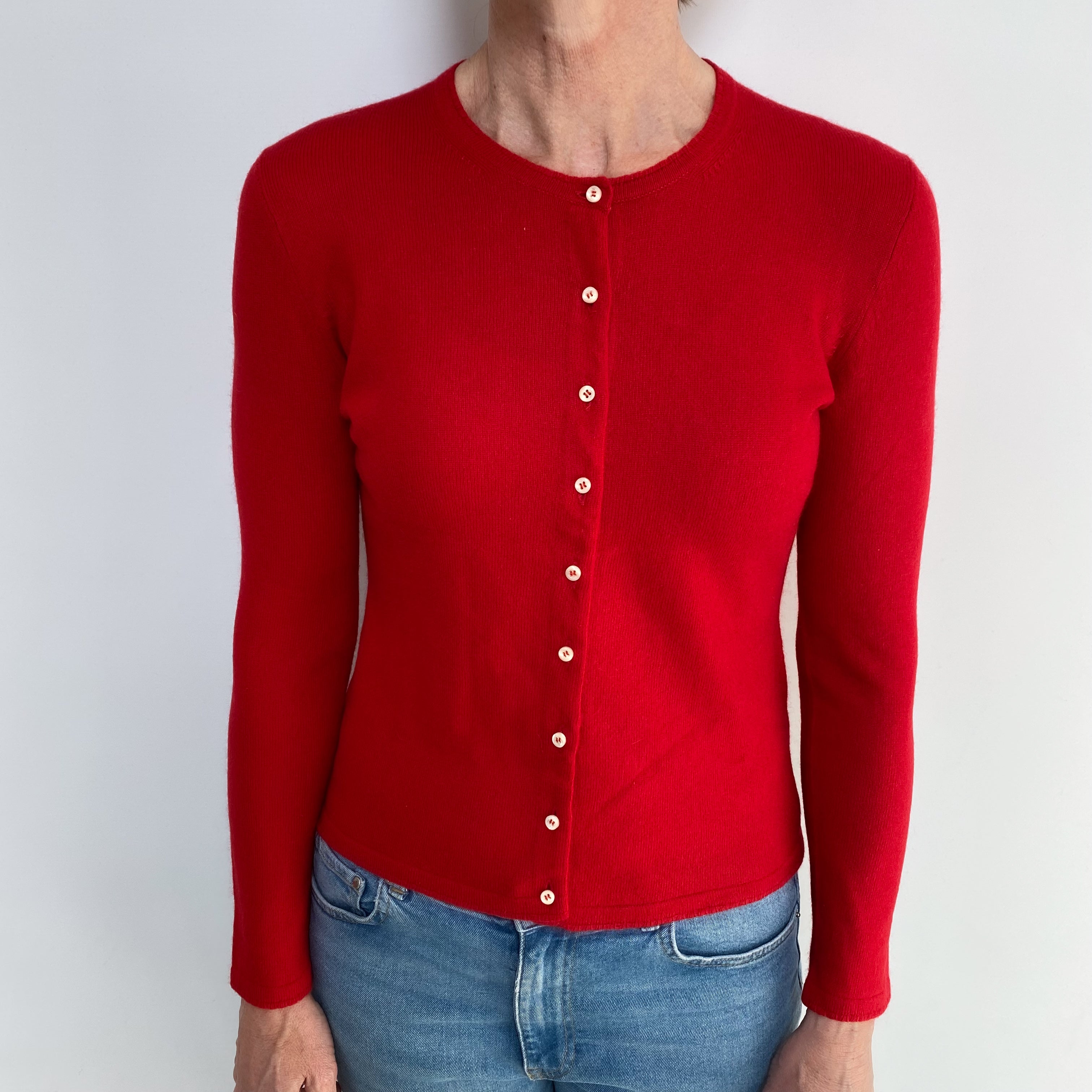 Scarlet Red Cashmere Crew Neck Cardigan Small