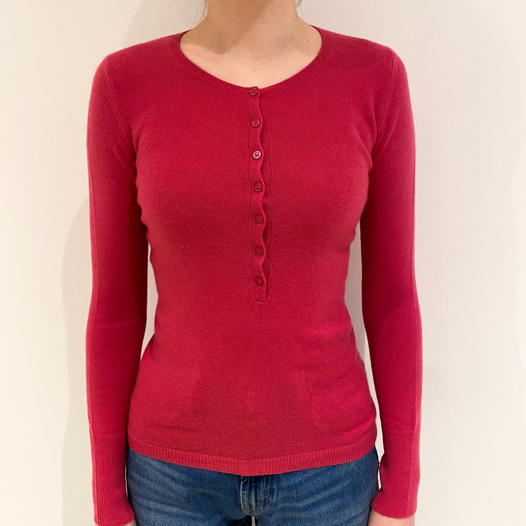 Raspberry Pink Cashmere Buttoned Crew Neck Jumper Extra Small