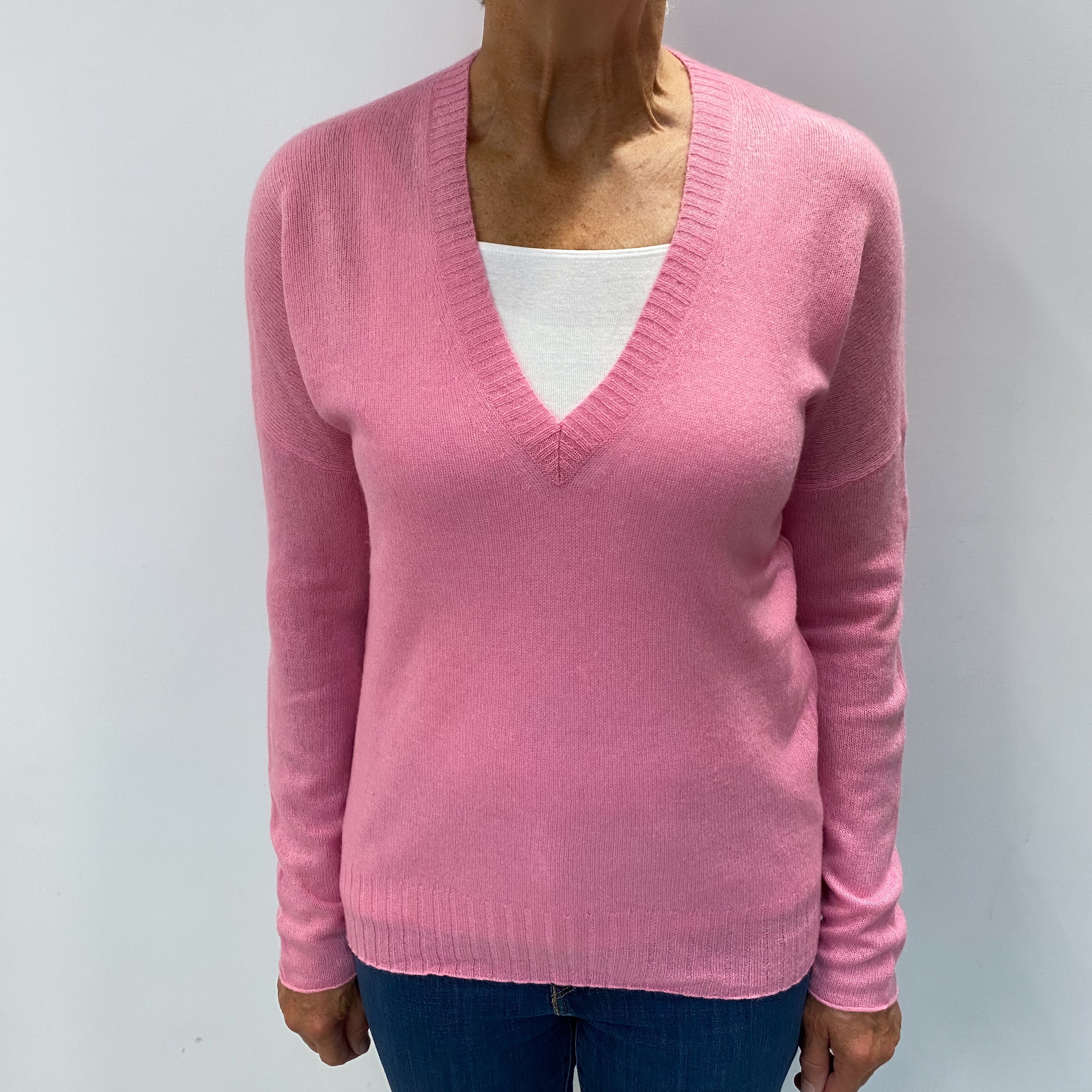 Bubblegum Pink Cashmere Batwing V Neck Jumper Medium