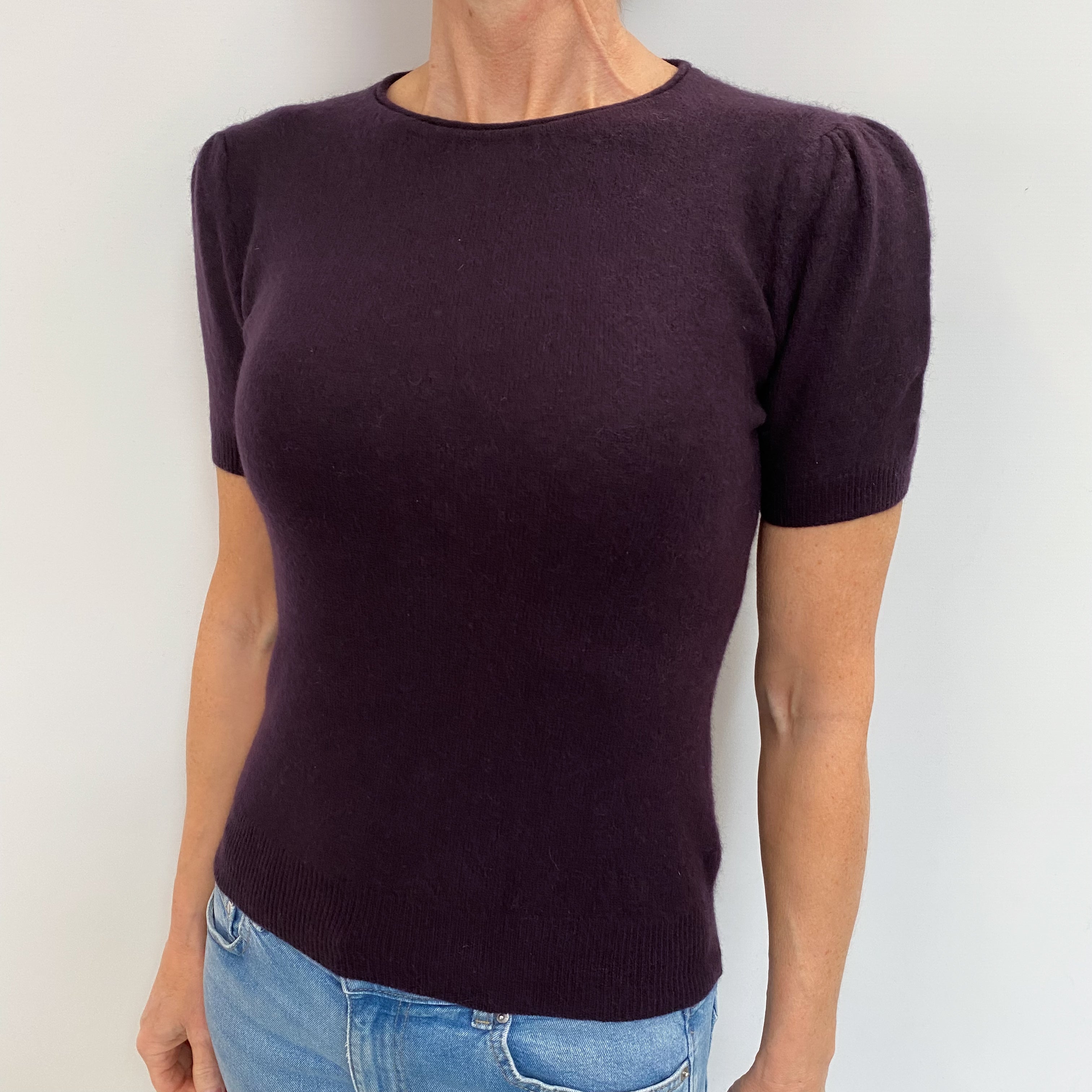 Deep Purple Cashmere Short Sleeved Crew Neck Jumper Small