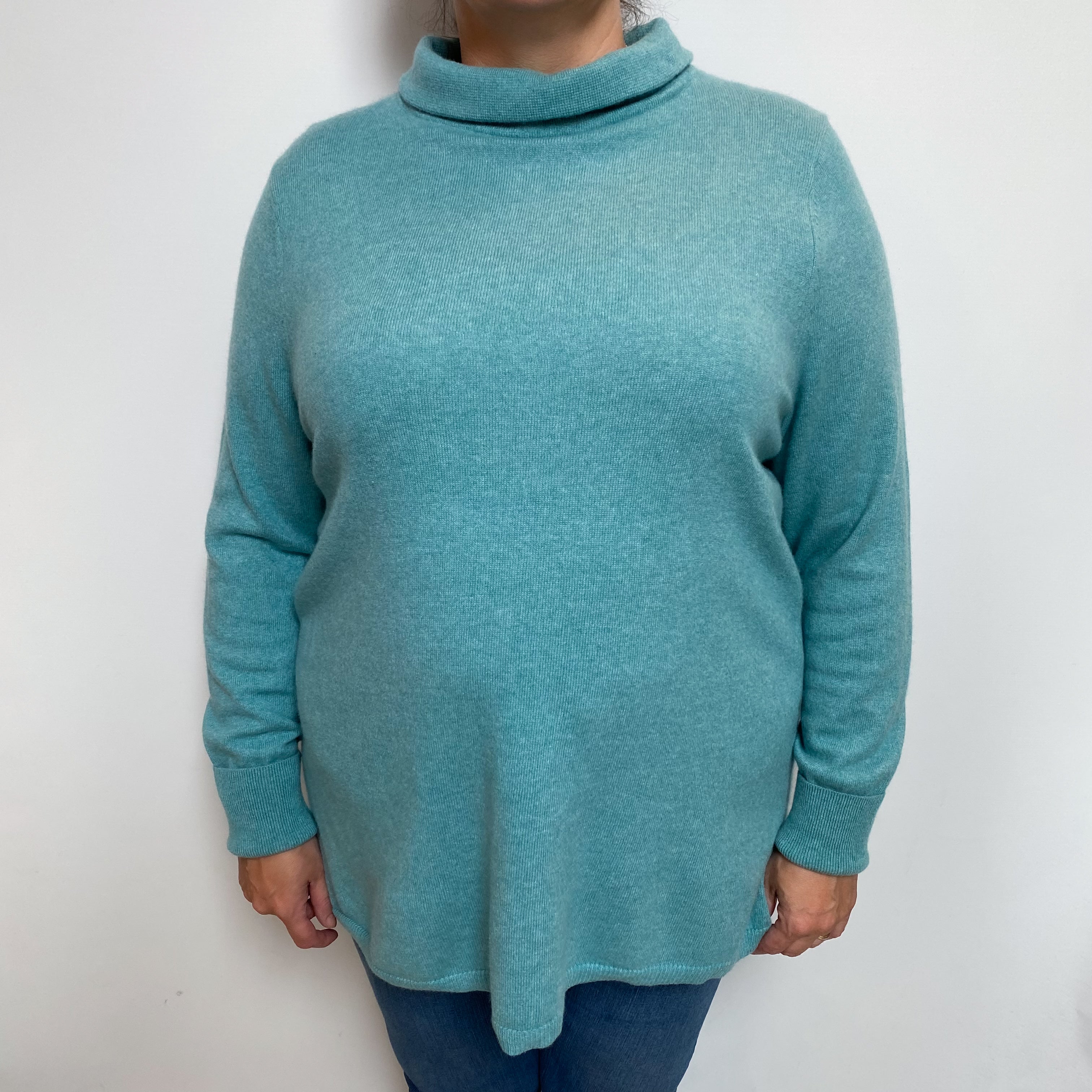 Aqua Blue Marl Cashmere Funnel Neck Jumper Extra Large