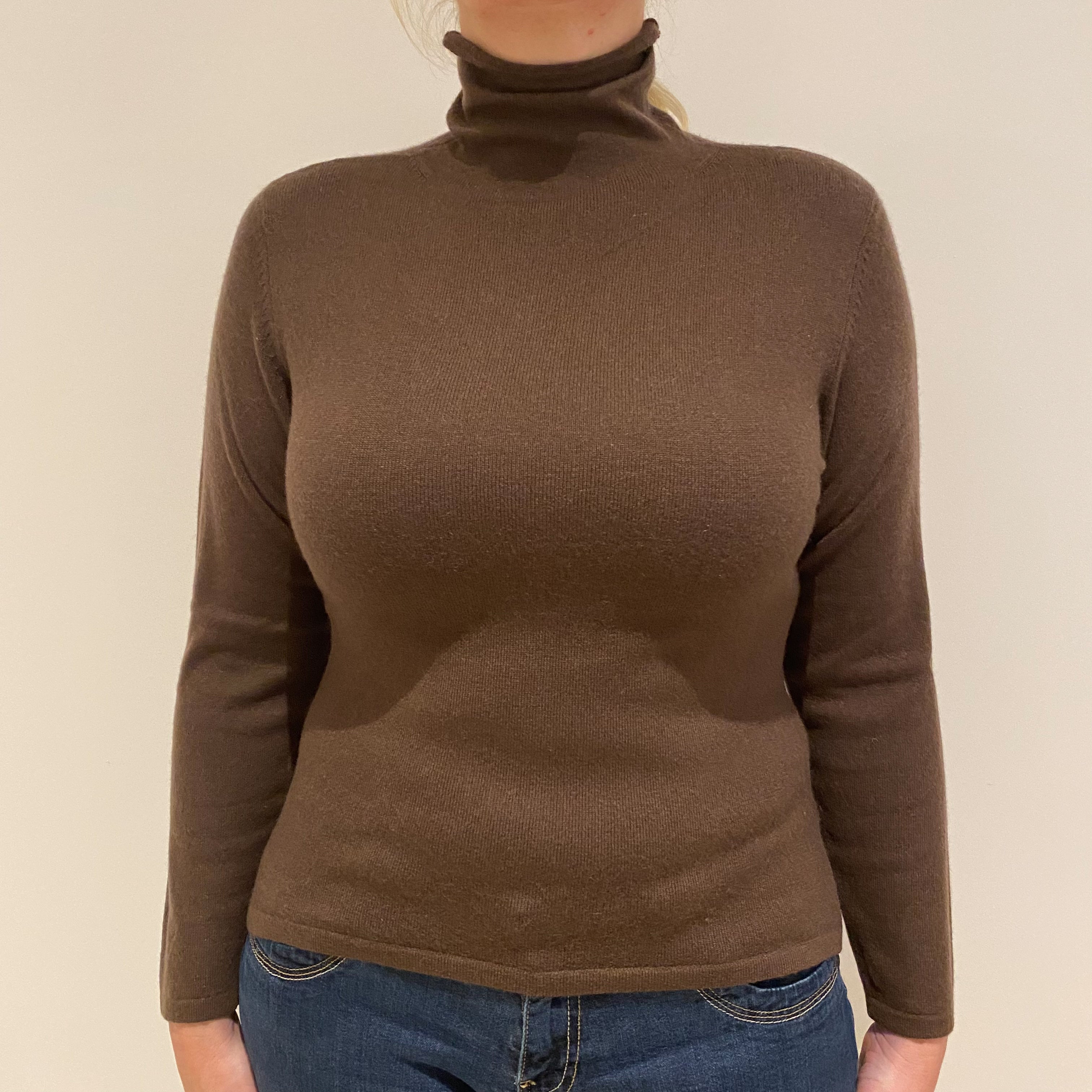 Chocolate Brown Cashmere Polo Neck Jumper Large