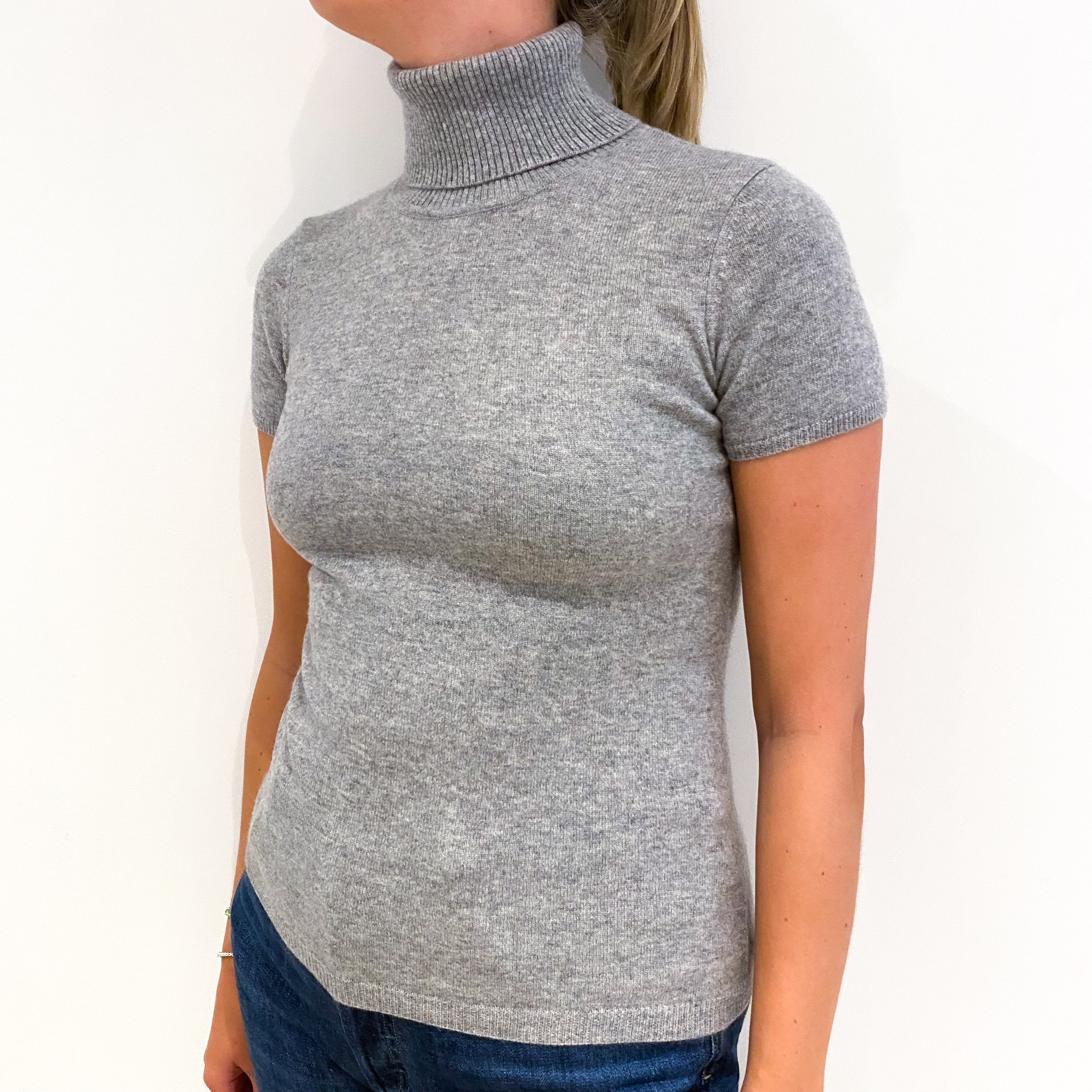 Smoke Grey Short Sleeved Cashmere Polo Neck Jumper Small