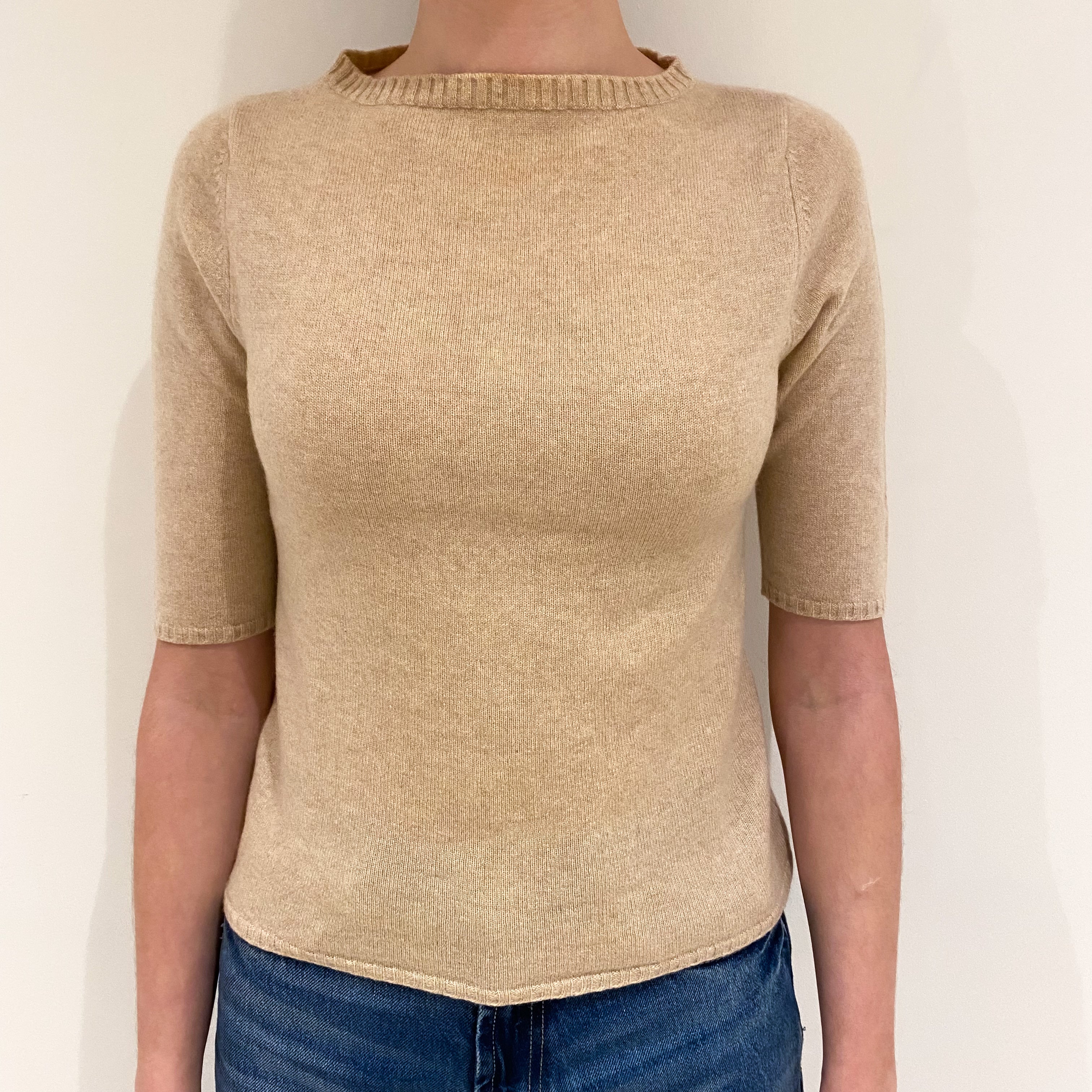 Beige Cashmere Short Sleeved Crew Neck Jumper Extra Small